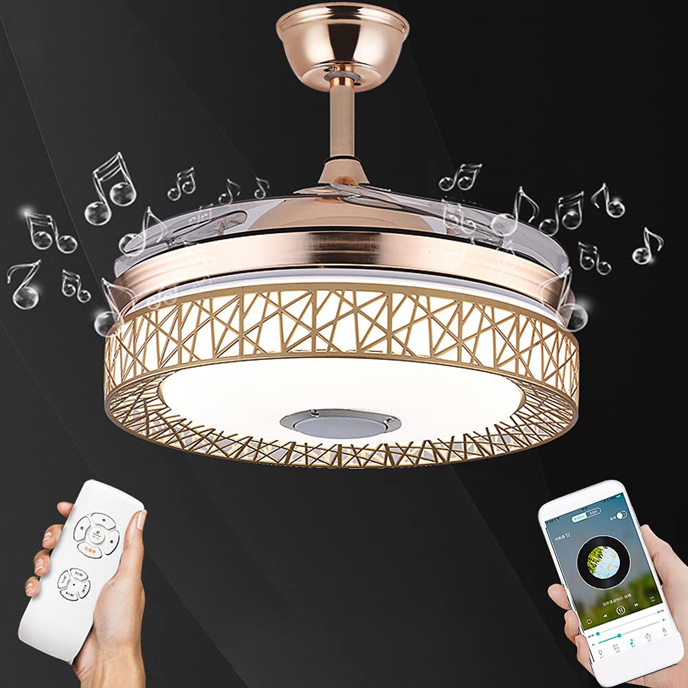 42 Inch Gold LED Ceiling Fan with Light and Remote - 3-Speed Retractable Blades, Bluetooth Music Control - Perfect for Bedroom, Living Room, Restaurant, and Hall Decor
