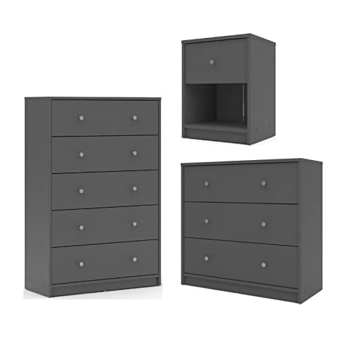 Home Square 3-Piece Bedroom Furniture Set - Gray Chest Dresser & Nightstand for Master Bedroom or Guest Room Decor