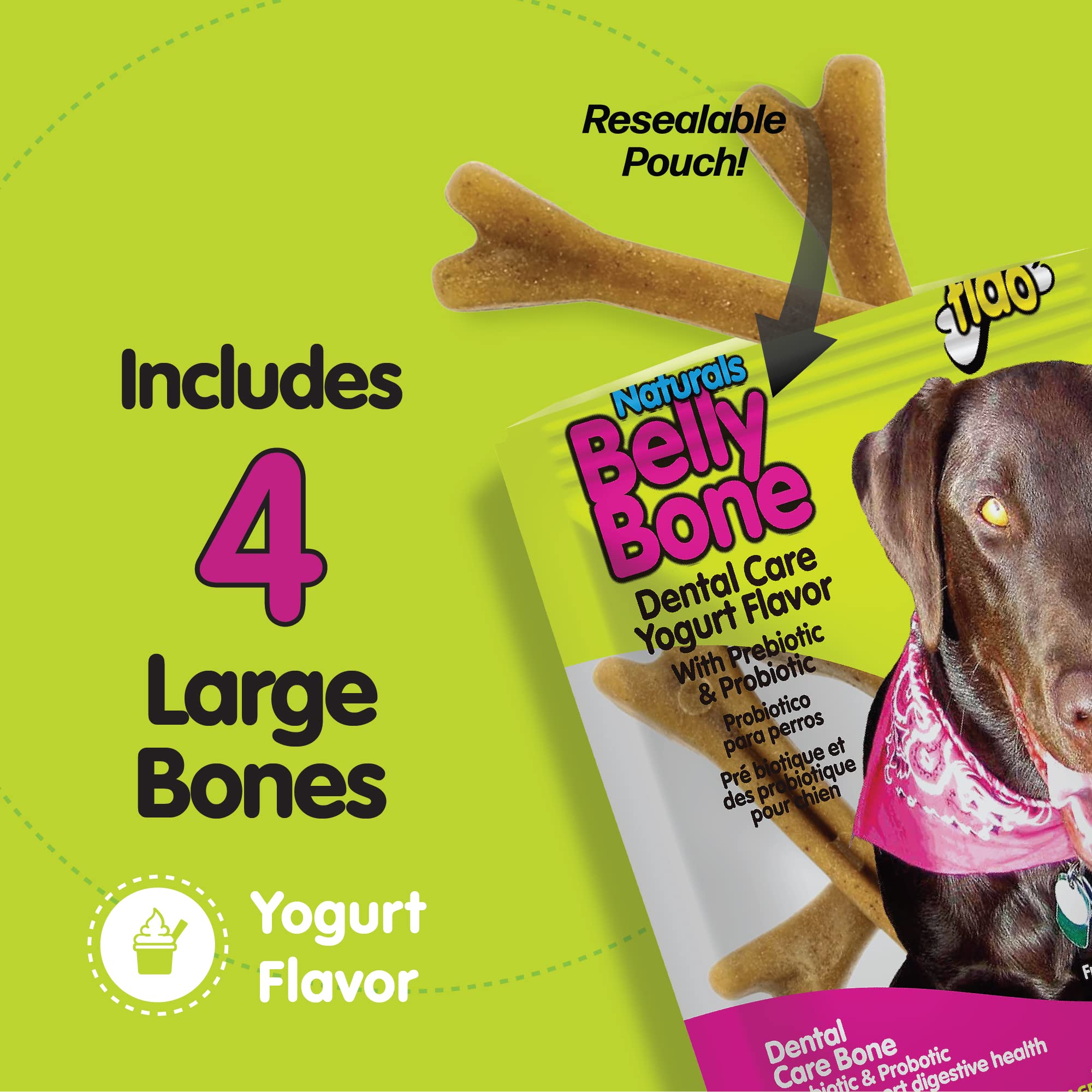 Natural Yogurt-Flavored Belly Bones for Large Dogs - Made in USA, 4 Count Dental Chews for Plaque & Tartar Control, Fresh Breath & Digestive Health - Perfect for Daily Oral Care & Training Rewards