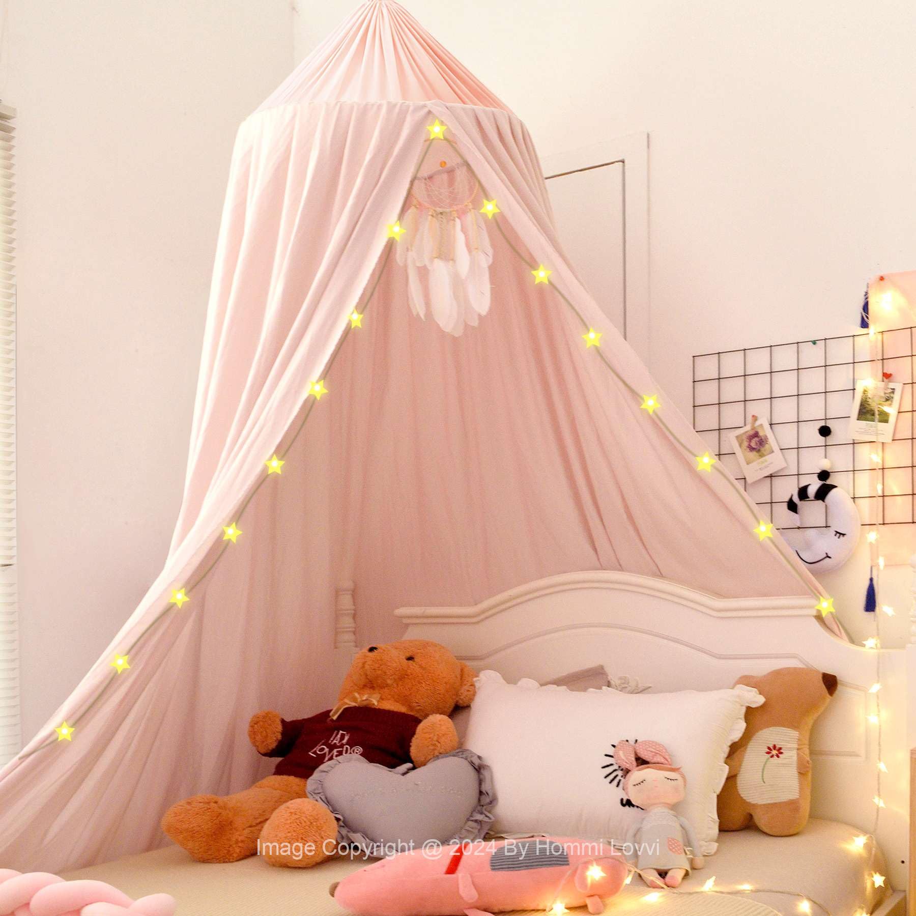 Light Pink Bed Canopy for Girls with Fairy Lights - Princess Canopy Curtains for Twin/Full/Queen Size Beds | Kids Room Decor, Hanging Castle Ceiling Tent | Perfect for Bedroom Makeovers, Birthday Gifts & Dreamy Sleepovers