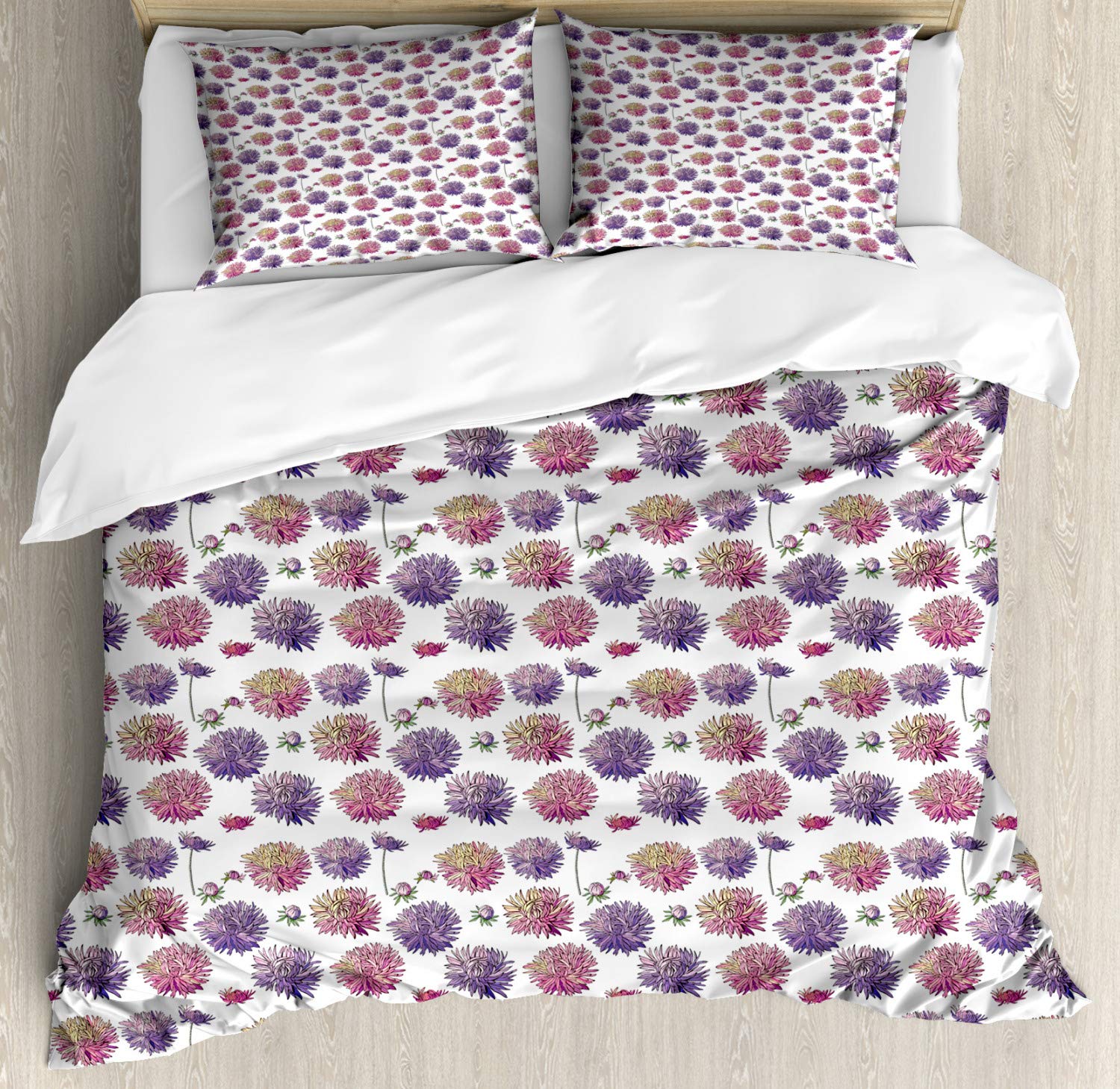Ambesonne Floral Duvet Cover Set Queen Size - Hand-Painted Aster Flowers Design on Plain Background, 3-Piece Bedding Set with 2 Pillow Shams in Violet Pink Cream | Perfect for Master Bedroom, Guest Room & Bohemian Home Decor
