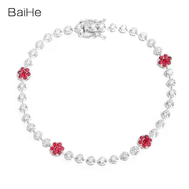 14K White Gold Natural Ruby & Diamond Flower Bracelet for Women - Elegant Wedding Gift & Fine Jewelry - Perfect for Bridal, Anniversary, and Special Occasions