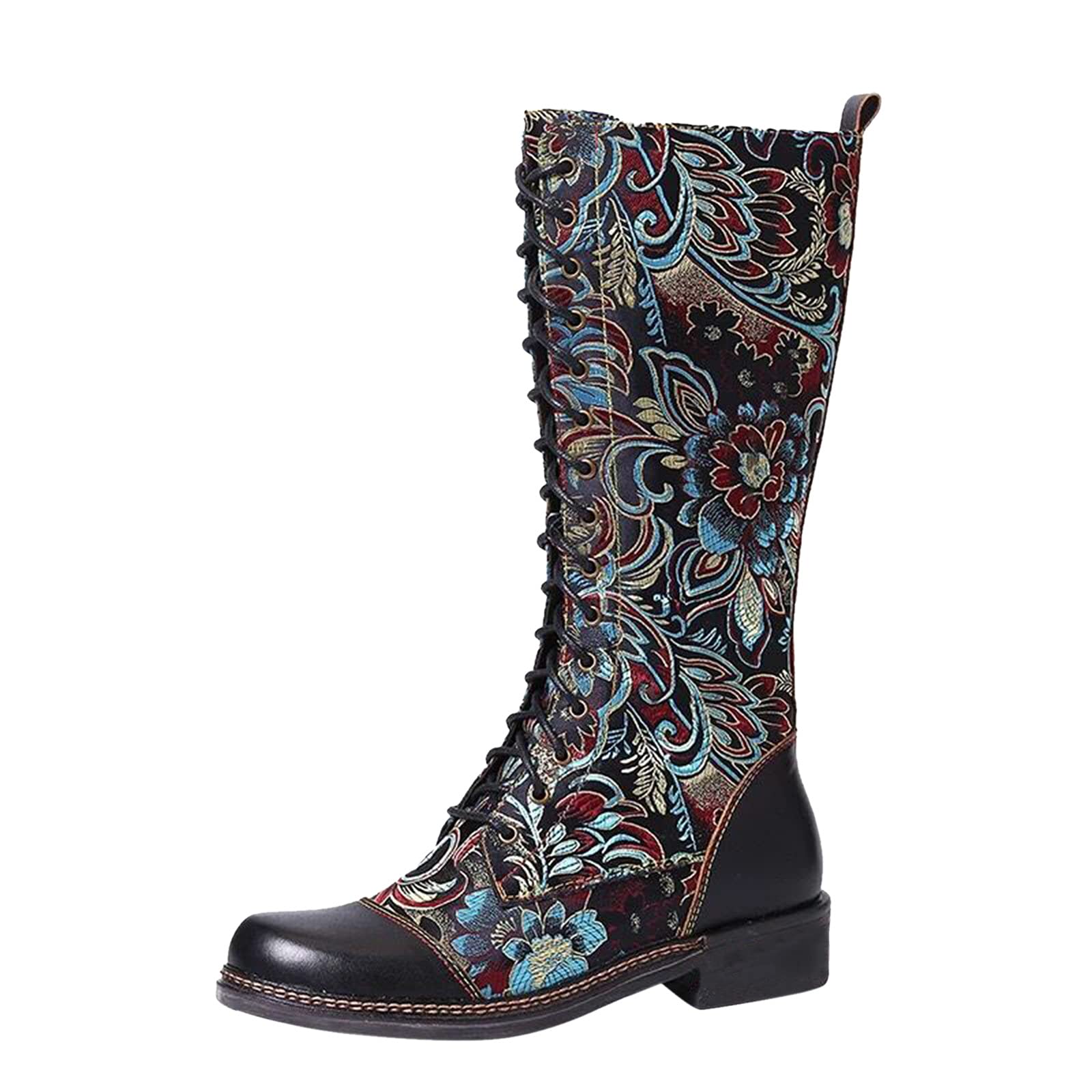 Vintage Embroidered Ethnic Long Boots for Women - Calf High Motorcycle Style Boots (Black, Size 7.5) | Perfect for Biker Fashion, Boho Outfits & Winter Wear