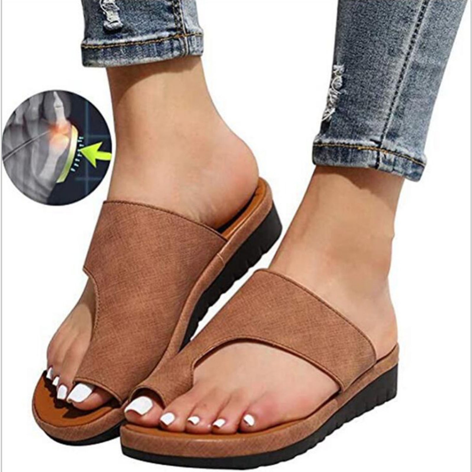 **Women's Orthopedic Bunion Corrector Sandals – Comfy Platform Flat Sole PU Leather Slides | Soft Ring Flip Flops for Casual Wear, Home & Travel**    *(Perfect for Relaxing at Home, Beach Trips, or Everyday Errands!)*