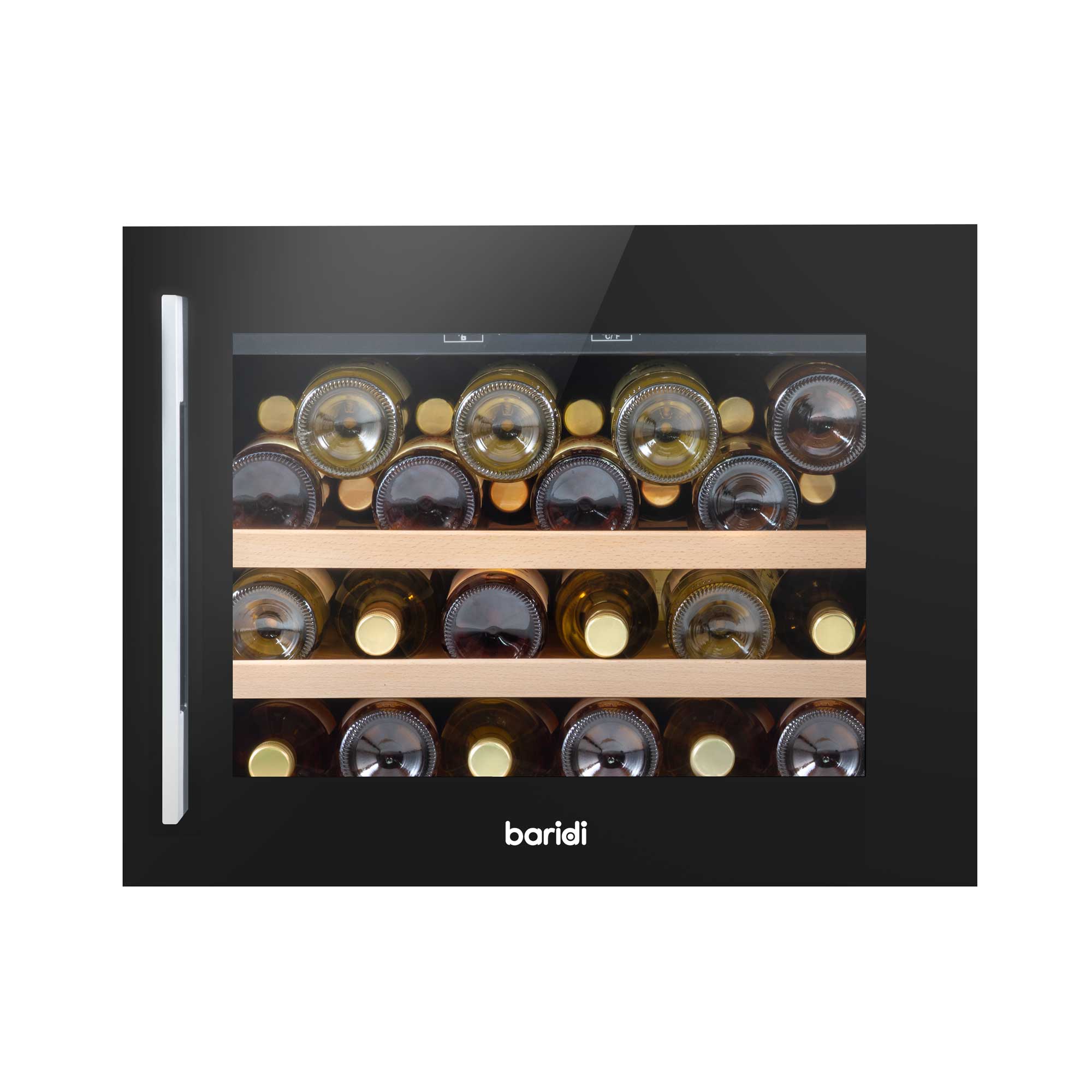 Baridi 60cm Built-In 28 Bottle Wine Cooler Refrigerator with Beech Wood Shelves - Black DH205 | Perfect for Home Bars, Restaurants & Wine Cellars