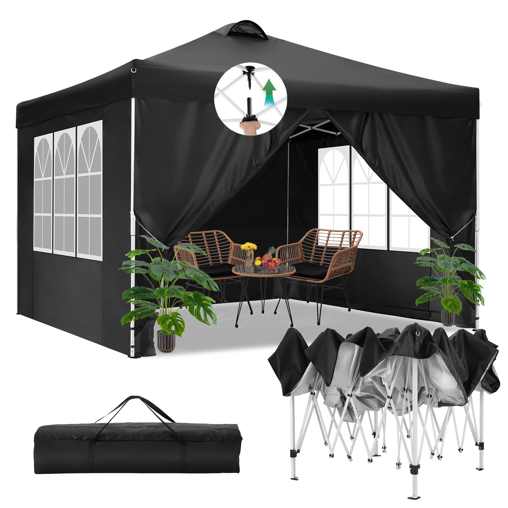 COBIZI 10x10 Pop Up Canopy Tent - Waterproof Instant Gazebo with 4 Sidewalls for Outdoor Events | Perfect for Parties, Patio, Backyard & Commercial Use | Includes 4 Sandbags, 8 Ropes & 4 Stakes (Black)