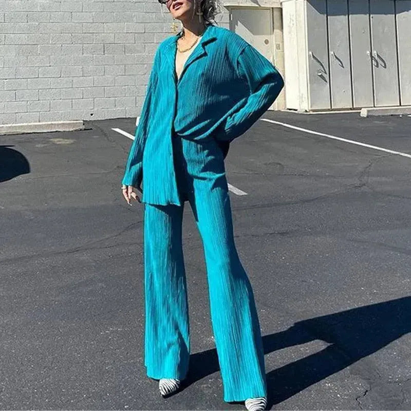 Vibrant Pleated Two-Piece Pants Set for Women - Stylish Outfit for Work, Party & Casual Wear