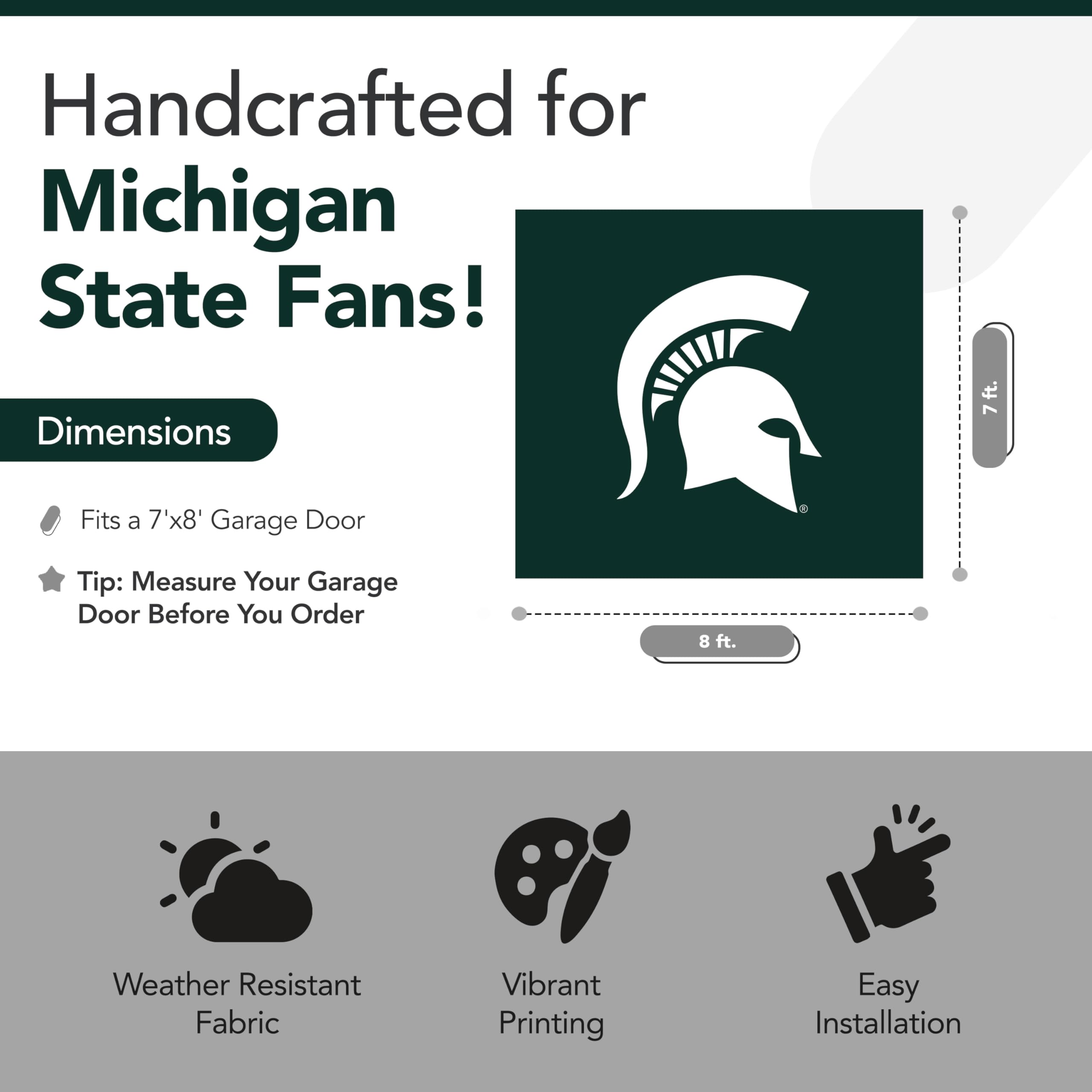Michigan State Spartans NCAA Licensed 7' x 8' College Sports Garage Door Banner - Durable Tension Polyester in Green & White - Perfect for Game Day Decor, Tailgating, and Home Garage Display