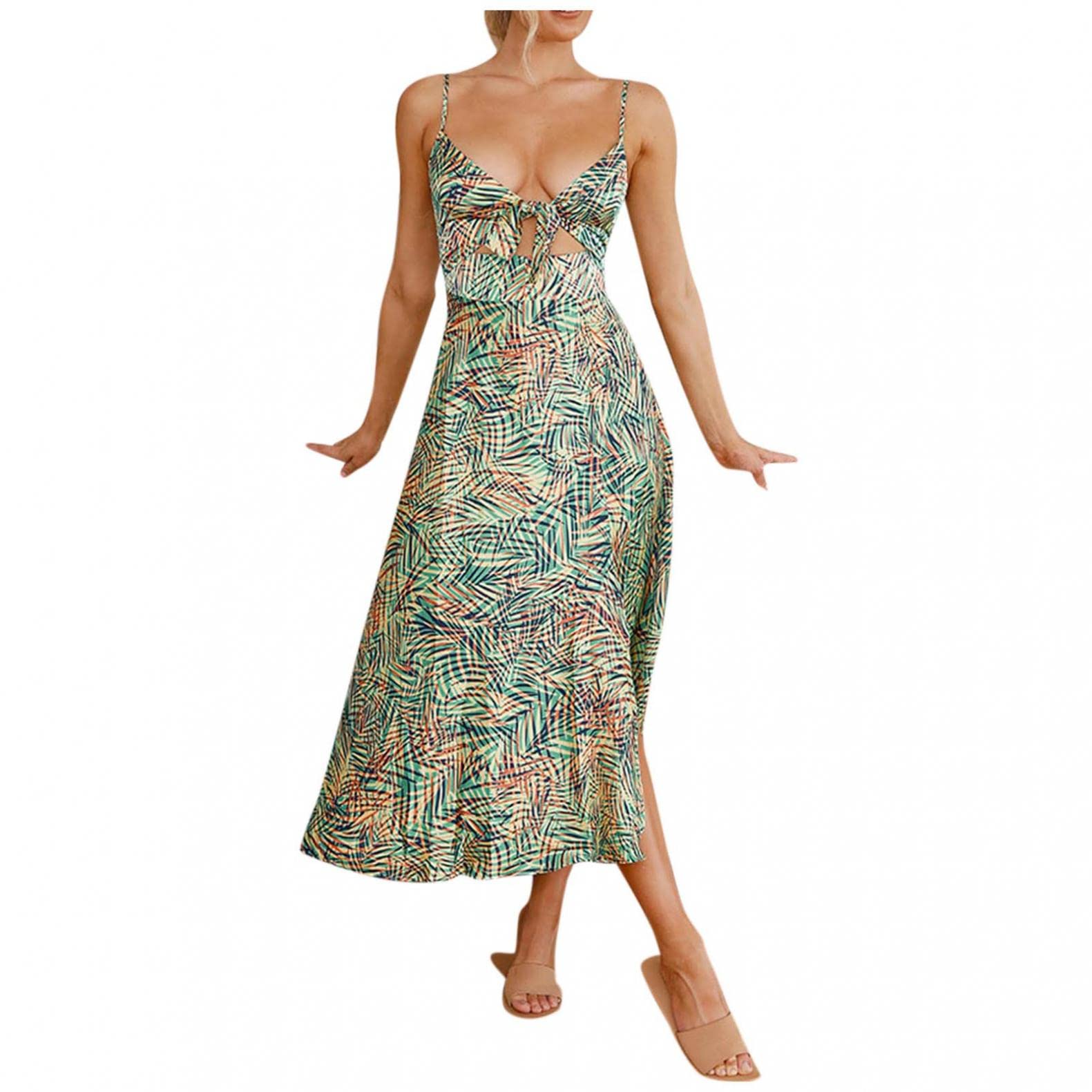 Boho High Slit Maxi Dress for Women - Floral Hollow Out Long Dress with Tie Waist & Spaghetti Straps | Sexy V-Neck Summer Party Dress for Beach, Cocktail & Casual Wear | Sleeveless Bohemian Sundress in Green