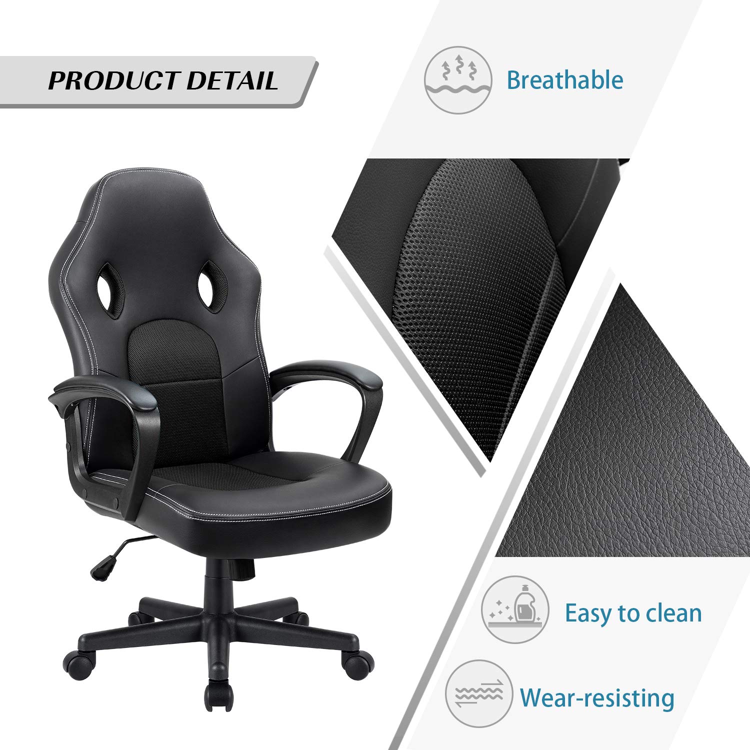 Furmax Ergonomic Gaming Chair - Adjustable Racing Style Office Chair with Lumbar Support & Armrests, PU Leather Computer Desk Chair for Home & Work (Black) - Perfect for Gaming, Working & Studying