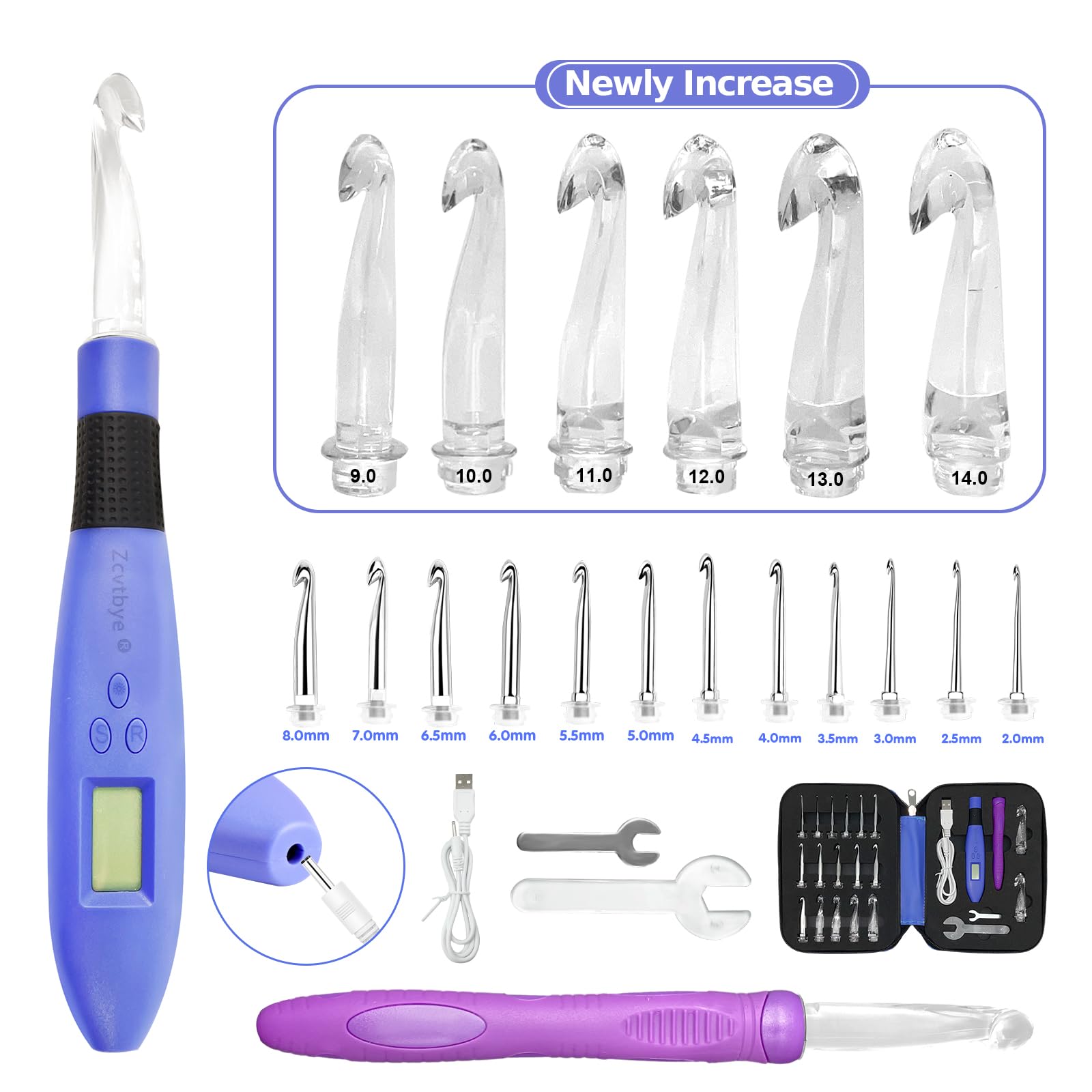Zcvtbye 18-Piece Light Up Crochet Hooks Set with Stitch & Row Counter - Ergonomic Lighted Crochet Needles Kit with Storage Case (Purple) - Perfect for Night Crocheting, Knitting Projects & Beginners