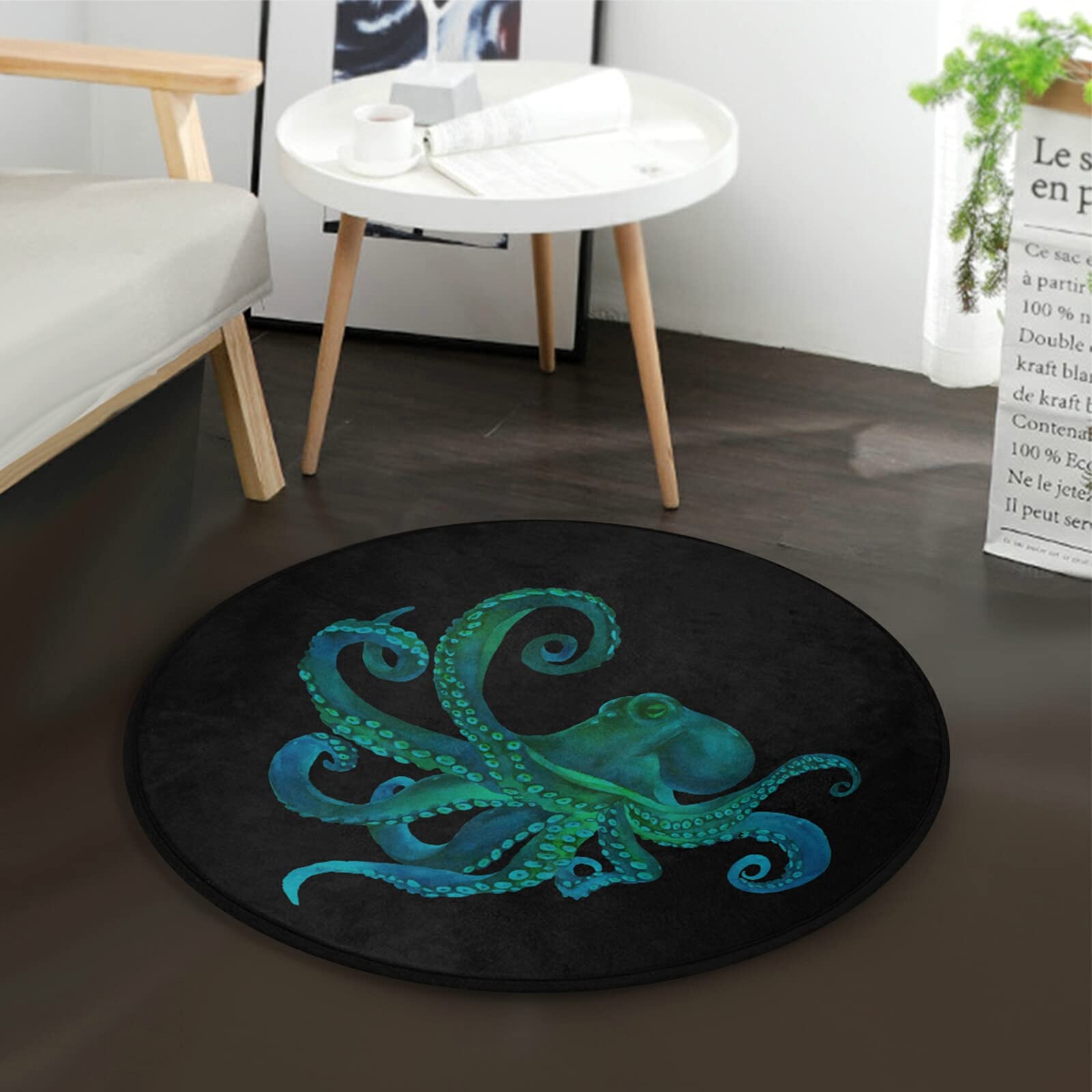 ALAZA Octopus Kraken Ocean Sea Watercolor Round Area Rug - 3' Diameter (92 cm) Non-Slip Soft Floor Mat for Living Room, Bedroom, Nursery | Coastal Theme Home Decor, Kids Room Accent Rug