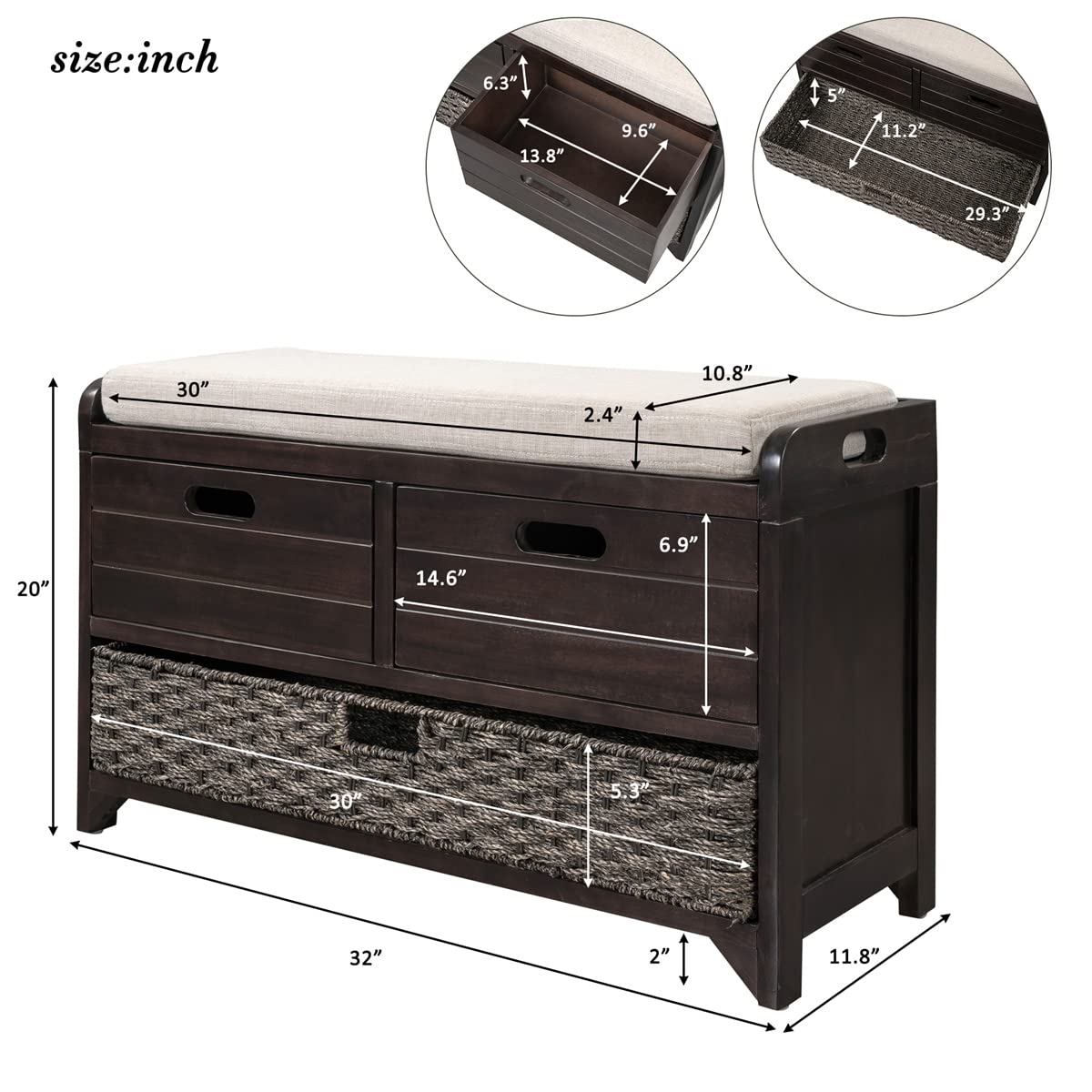 Storage Ottoman Bench with Removable Cushion & 2 Drawers - Wooden Footrest Stool with Storage Basket for Living Room, Bedroom - No Assembly Required Espresso Finish - Perfect for Extra Seating & Home Organization