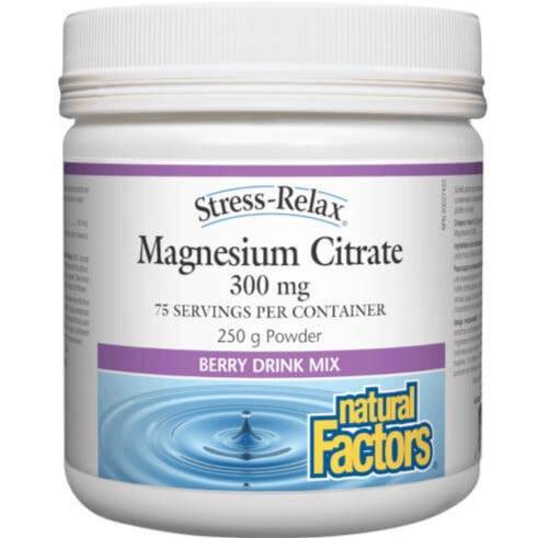 Natural Factors Magnesium Citrate 300mg Powder - Natural Berry Flavor Drink Mix, 250g - Supports Muscle Relaxation & Better Sleep - Perfect for Post-Workout Recovery & Stress Relief