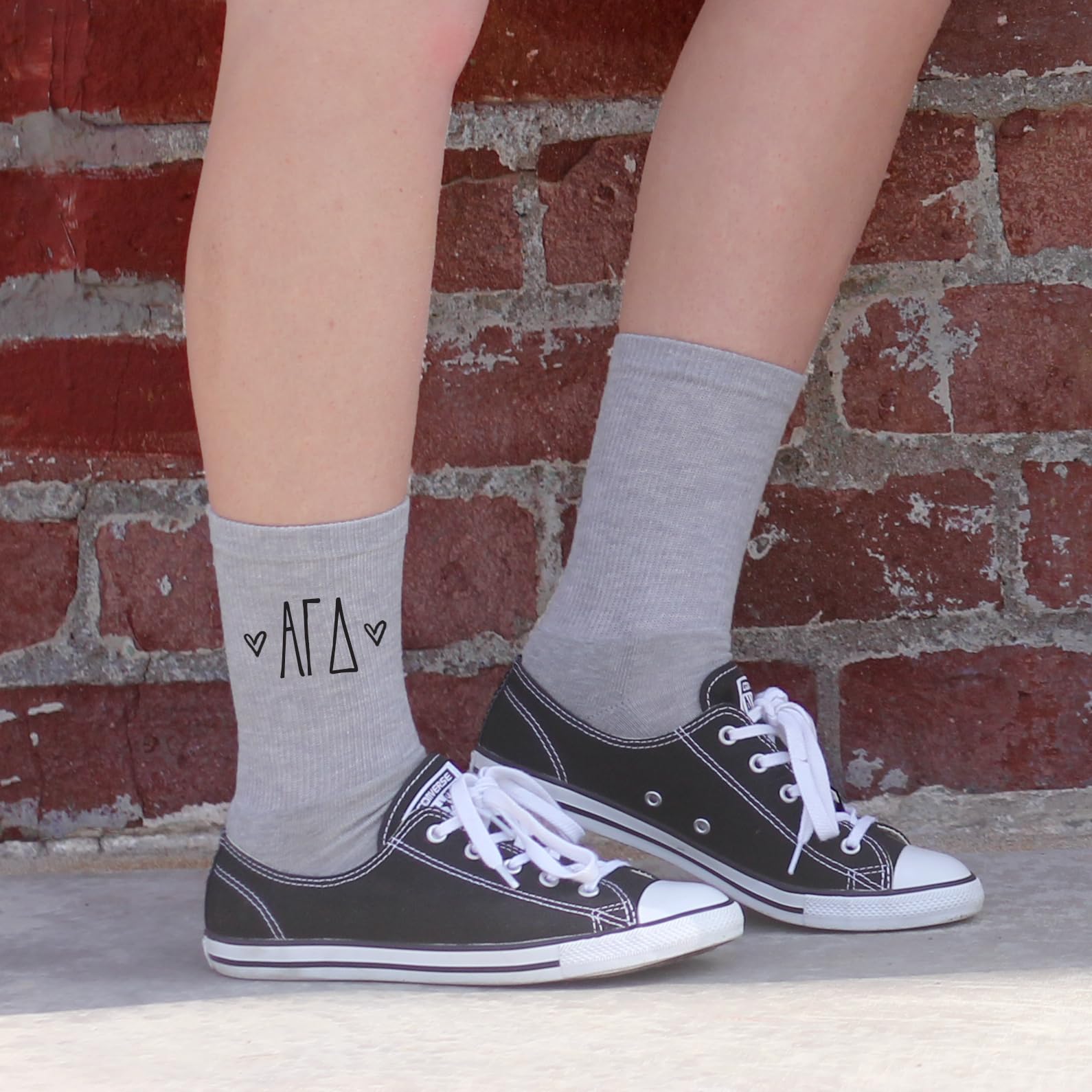 Alpha Gamma Delta Sorority Socks - Greek Letter Crew Socks with Heart Designs in White, Pink & Heather Gray - Perfect for College Sisterhood, Greek Life Events & Sorority Gifts