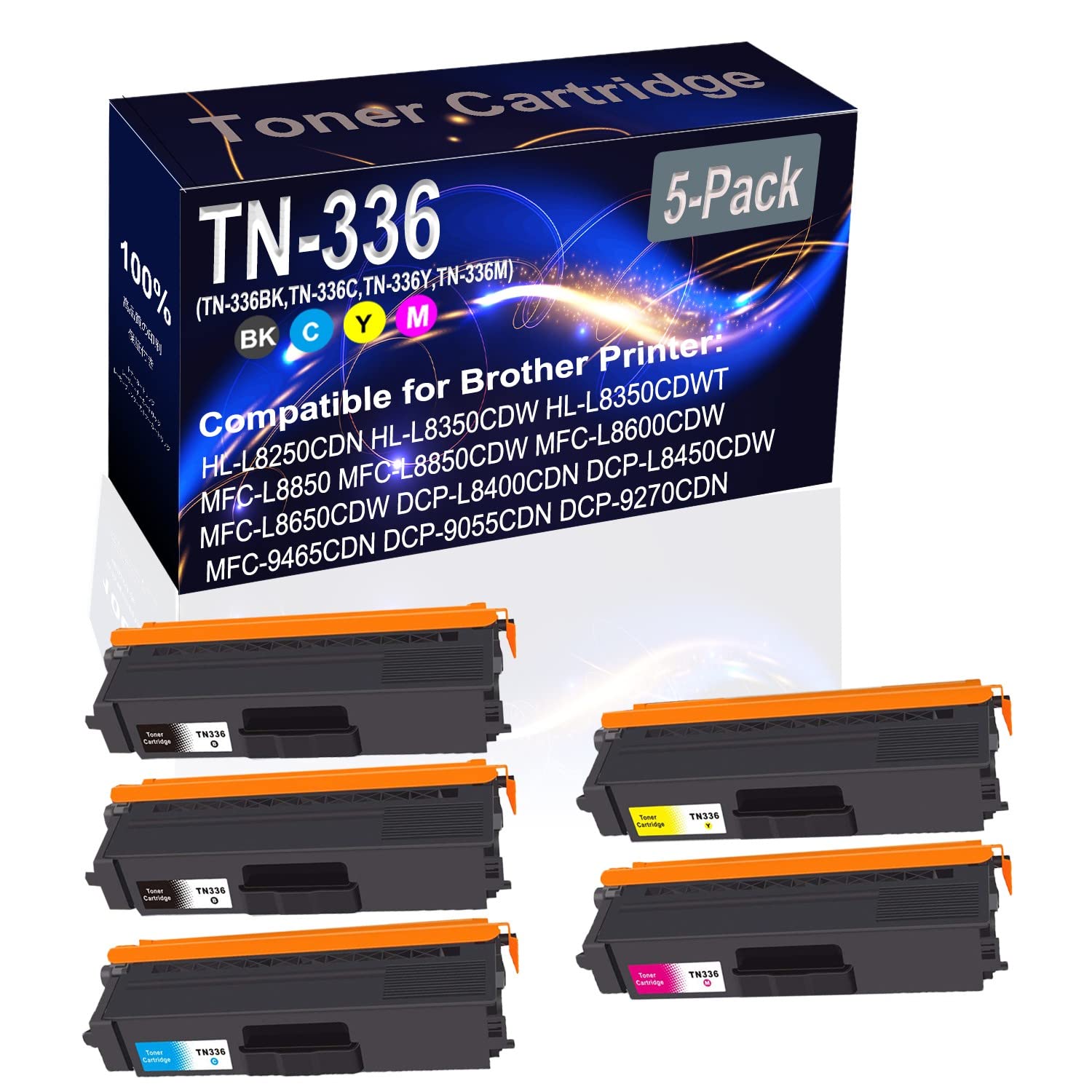 High Capacity 5-Pack TN336 Compatible Toner Cartridges (2BK+C+Y+M) for Brother HL-L8250CDN Laser Printer - Replacement for TN-336BK/TN-336C/TN-336Y/TN-336M - Perfect for Office & Home Printing Needs