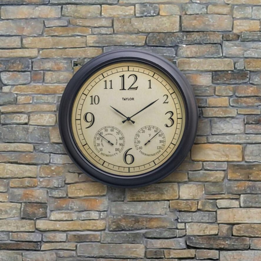 18.5 Inch Bronze Metal Outdoor Garden Clock with Hygrometer & Thermometer - Weather-Resistant Wall Decor for Patio, Backyard, and Porch