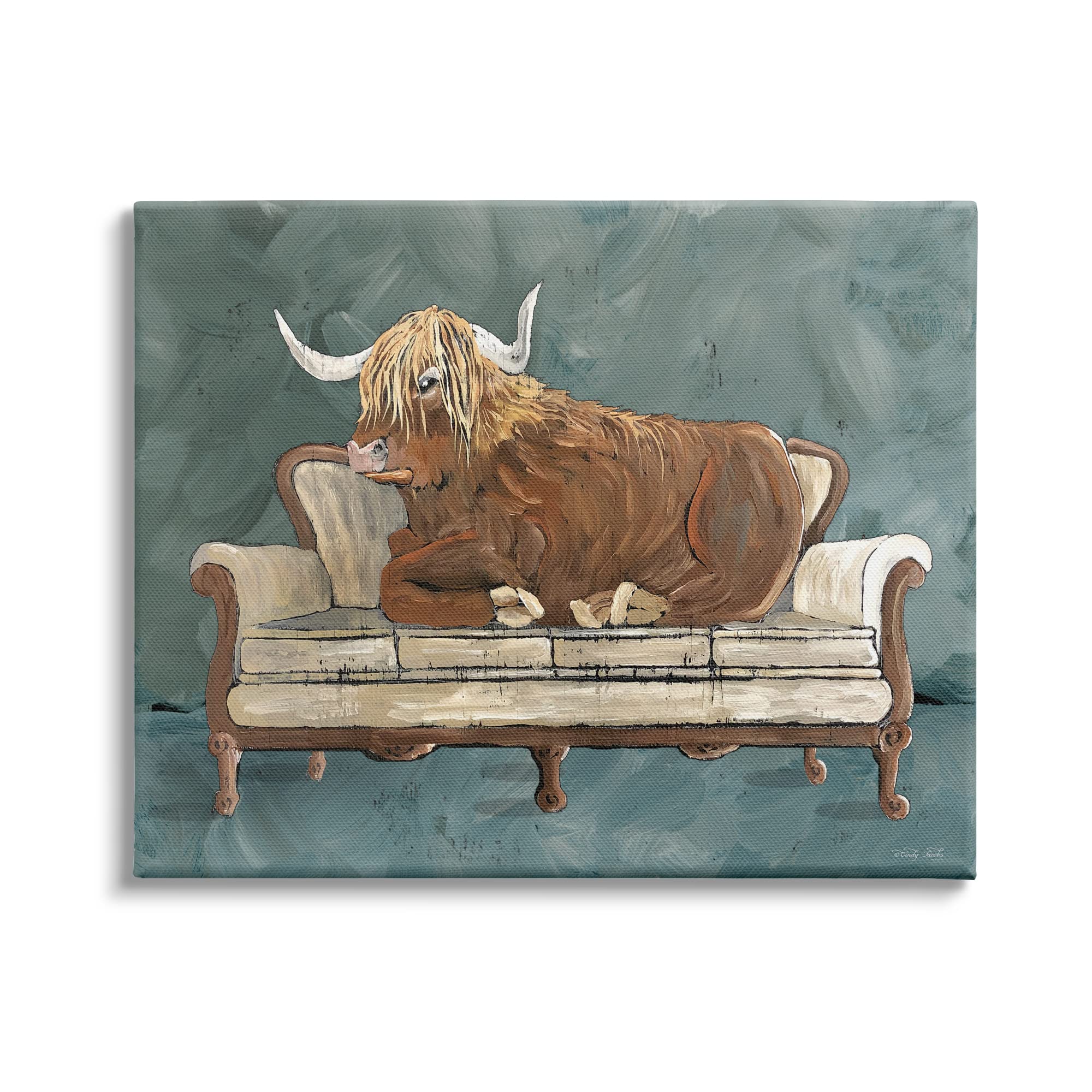 Stupell Industries Shaggy Cattle Resting Living Room Couch Canvas Wall Art - Green Gray & Blue Design by Cindy Jacobs - 48x36 Inches - Perfect for Farmhouse Decor, Living Room Accent Wall & Country Style Home
