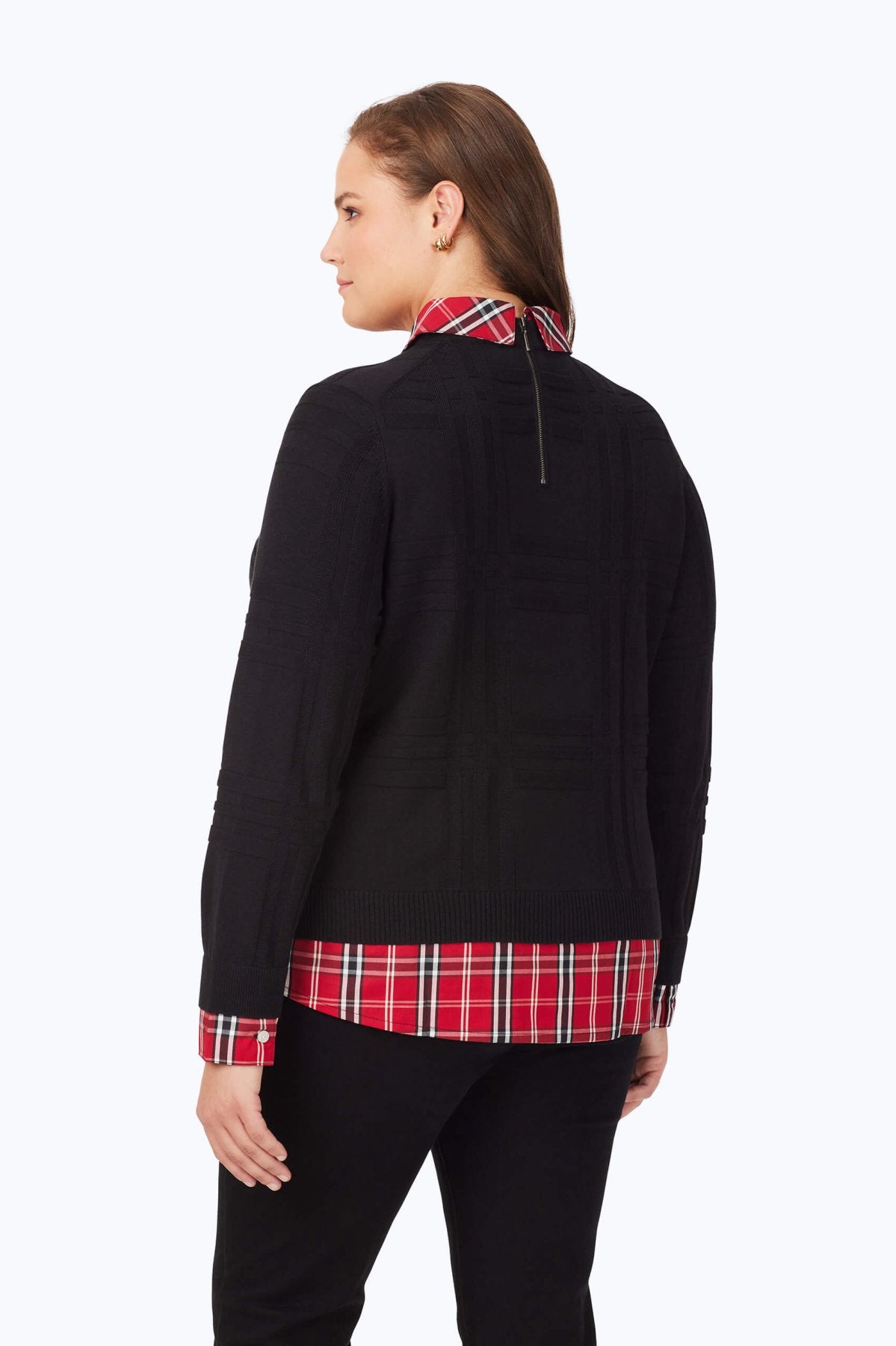 Women's Plus Size Layered Tartan Long Sleeve Sweater - Cozy Fall & Winter Knit Pullover for Casual Outfits and Holiday Gatherings