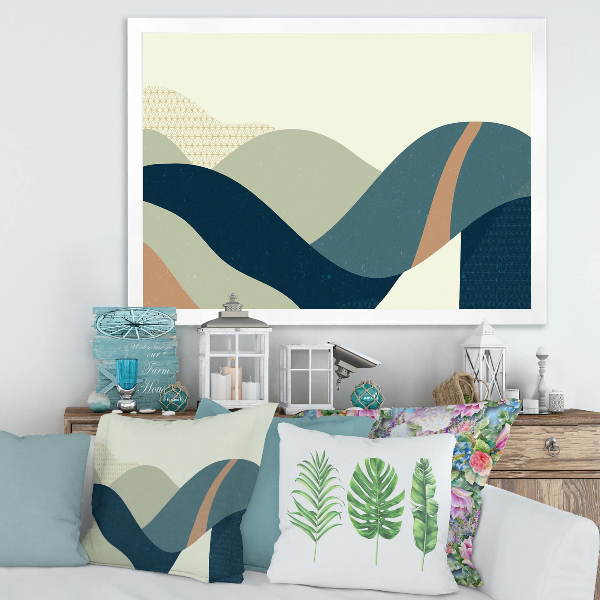 Abstract Geometric Landscape Wall Art with Hills - Modern Framed Canvas Print for Living Room, Bedroom & Office Decor