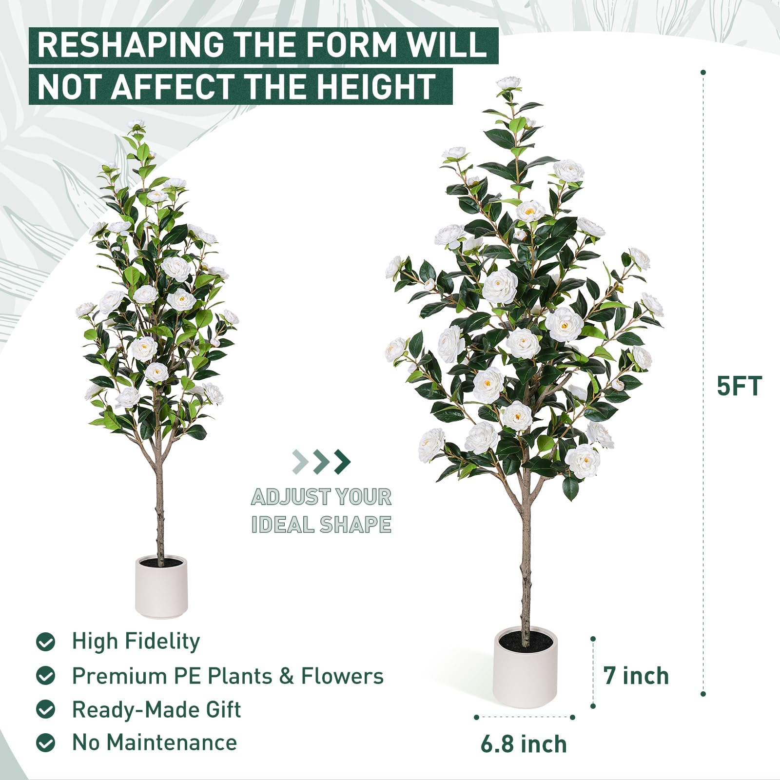 63 Inch Artificial Camellia Tree with White Flower Pots - 5 Ft Faux Indoor/Outdoor Plant with Blooming Flowers, Home & Office Decor for Living Room, Front Door, Patio, and Garden