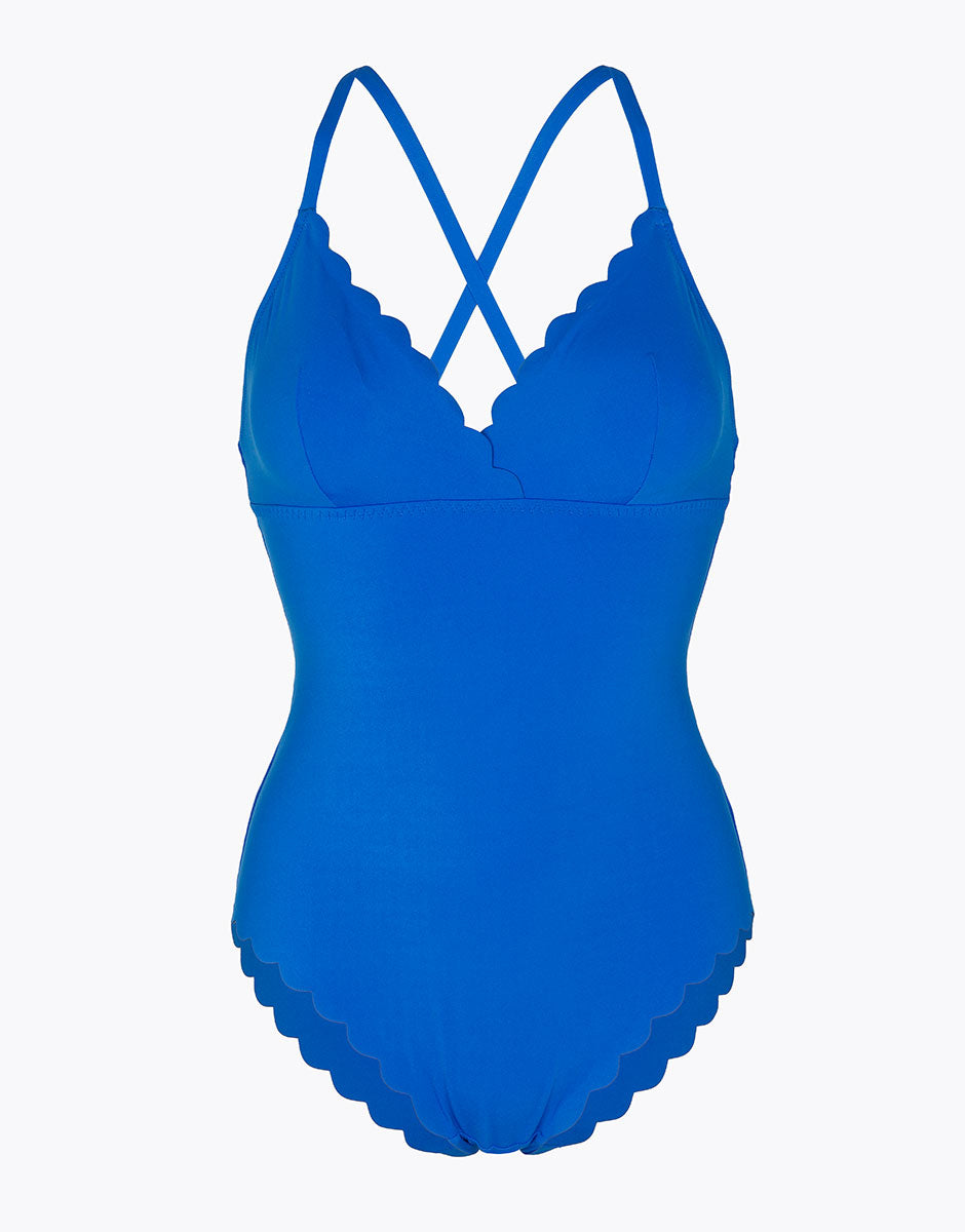 Electric Blue Scallop One Piece Swimsuit - Seamless Microfiber Bathing Suit for Women - Perfect for Beach, Pool & Summer Vacations