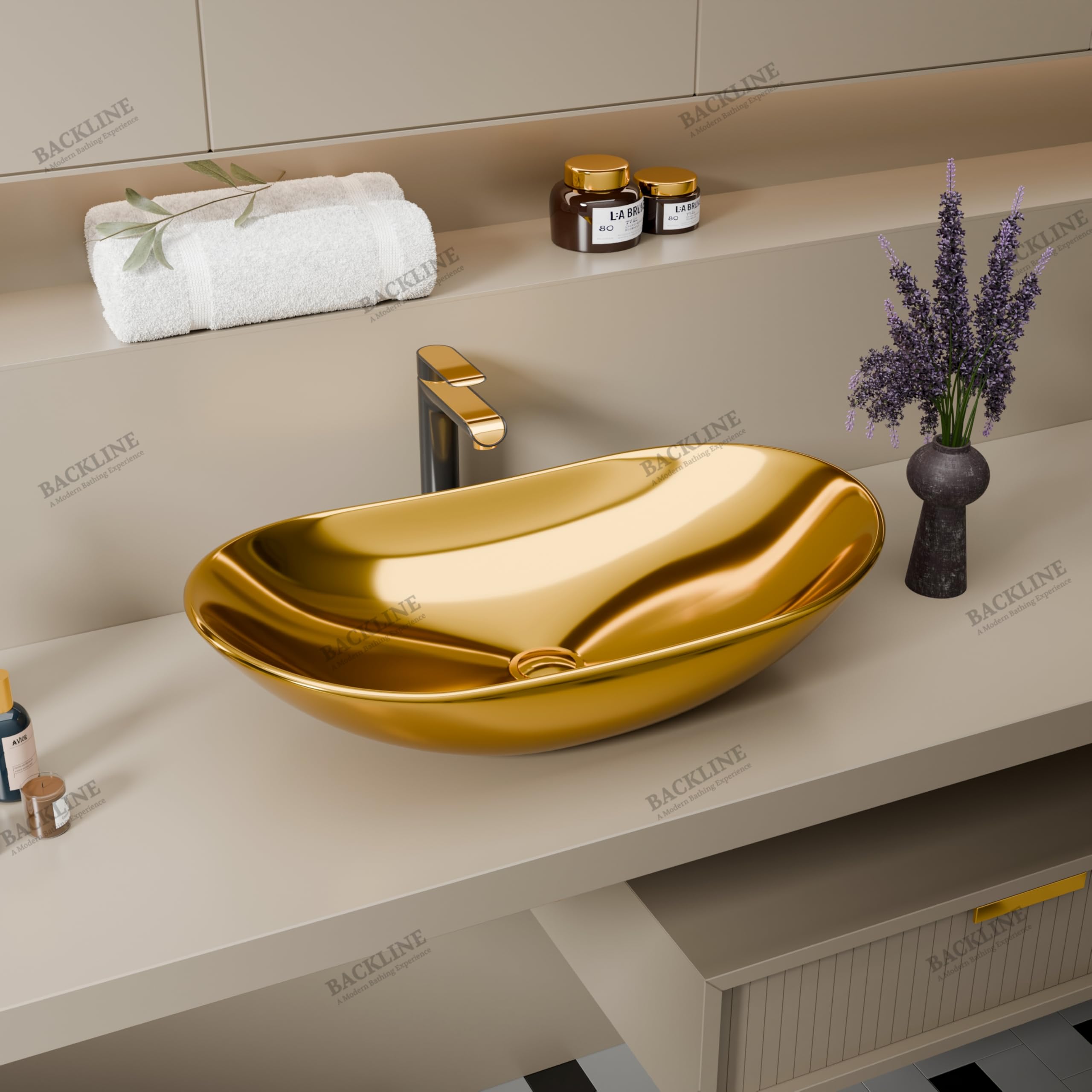 Premium Ceramic Countertop Wash Basin - 22 x 13 x 5 Inch Gold Glossy Bathroom Sink for Vanity, Powder Room & Living Room Decor - Modern Tabletop Vessel Sink for Bathroom Remodel & Luxury Home Upgrade