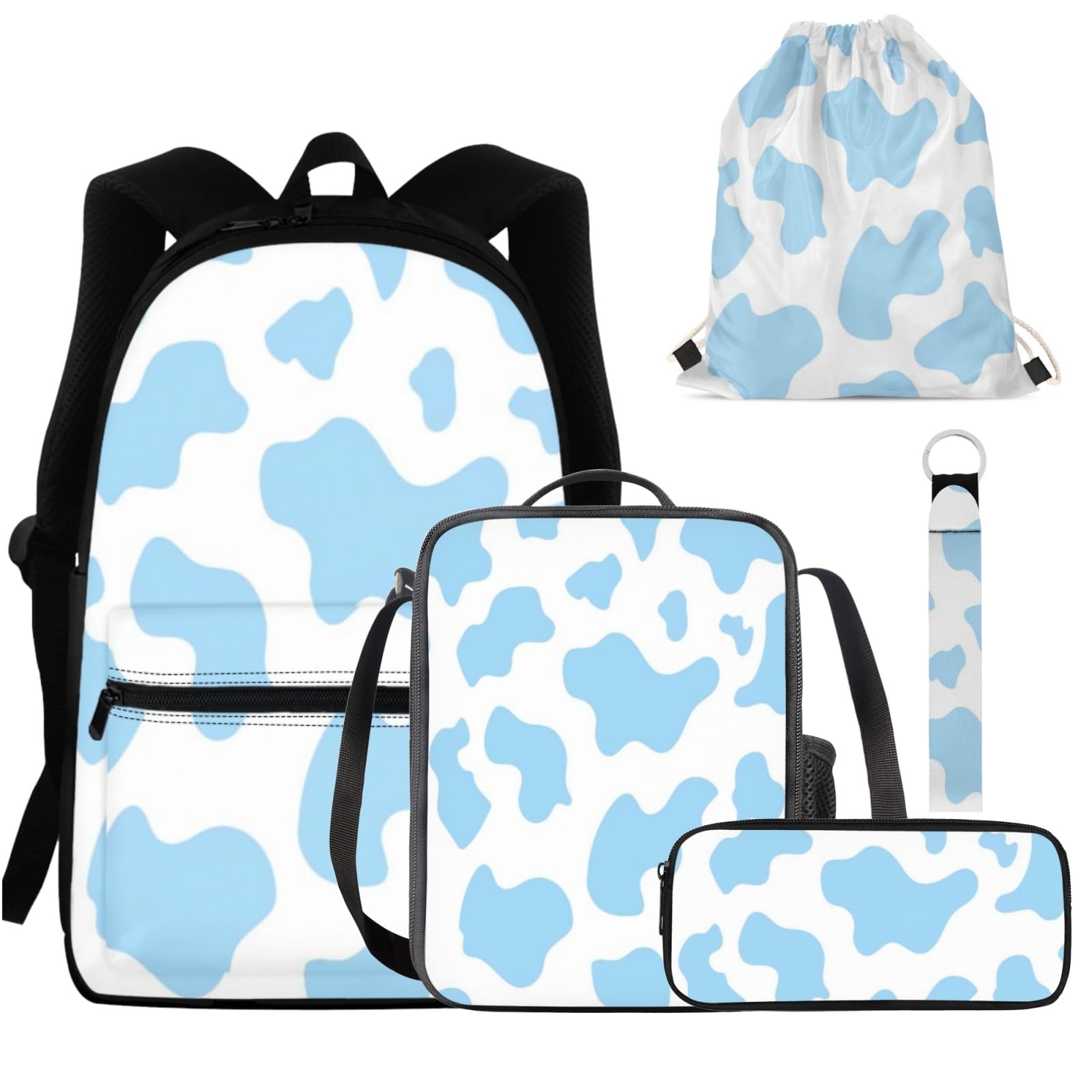 Blue Cow Print Backpack for Girls & Boys - School Book Bag with Lunch Box, Pencil Case, Drawstring Bag & Keychain - Durable Travel Daypack & Satchel for Teens - Perfect for School, Travel & Outdoor Adventures