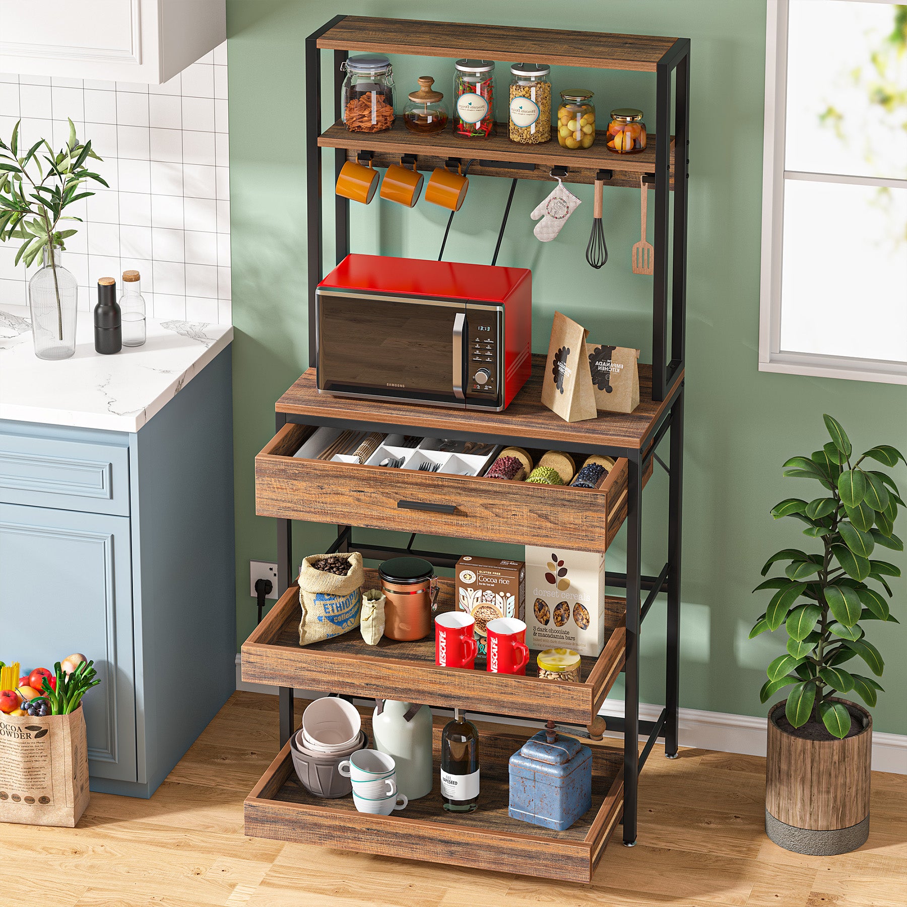 5-Tier Metal Kitchen Baker's Rack with Electrical Outlets, Storage Drawer & Adjustable Shelves - Perfect for Baking, Cooking, and Organizing Small Appliances in Home Kitchen