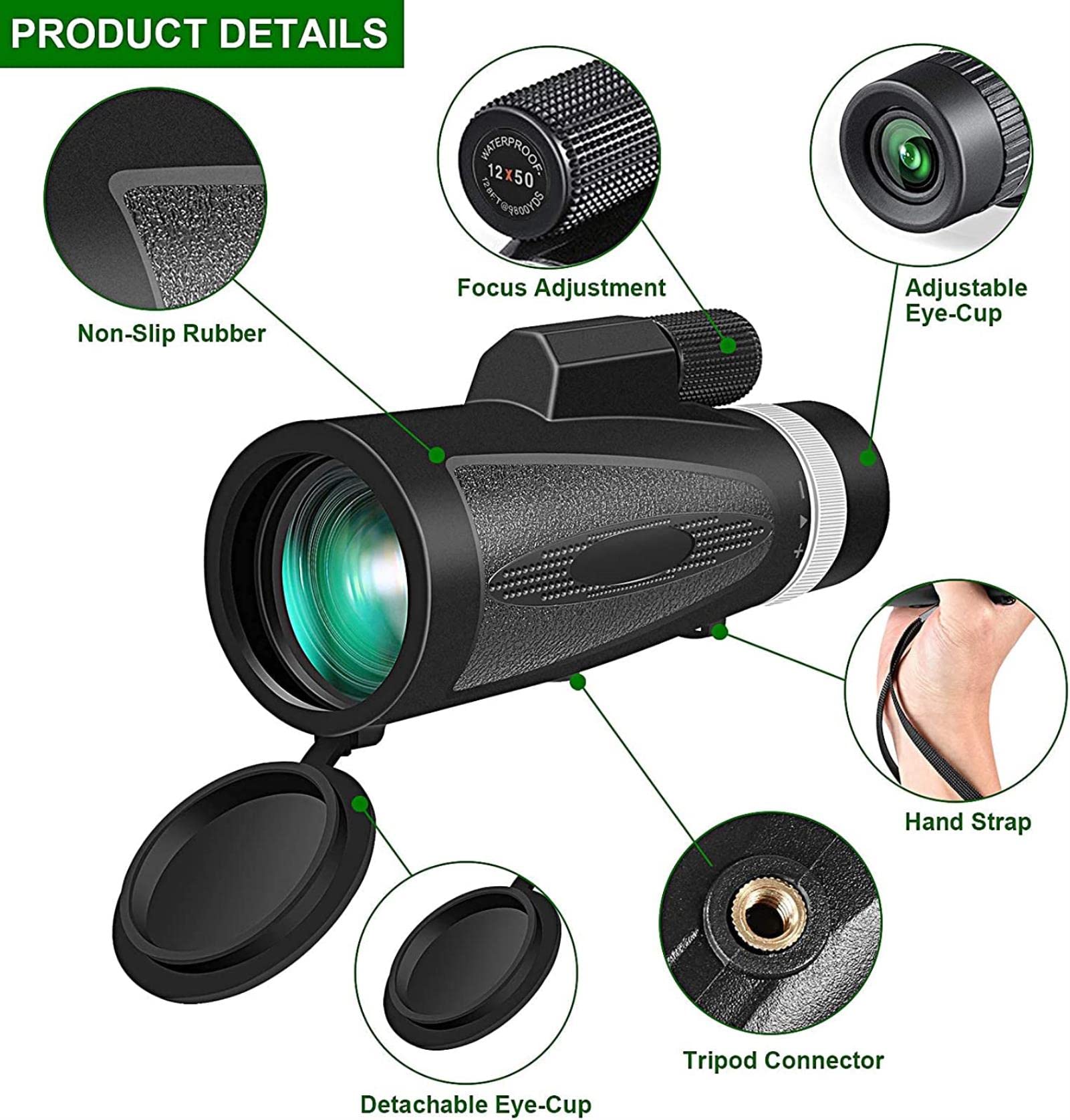 12x50 HD High Resolution Monocular Telescope with Smartphone Adapter & Tripod - Perfect for Wildlife Viewing, Bird Watching, Camping, Concerts & Outdoor Adventures
