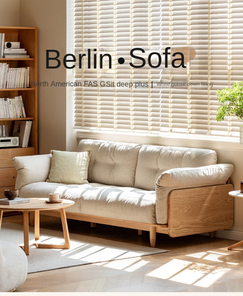 Premium Oak Solid Wood Genuine Leather Fabric Sofa - Modern Living Room Furniture for Home & Office - Comfortable Seating for Relaxation & Entertainment