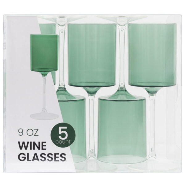 Elegant Two-Tone 9 Oz Green & Clear Plastic Wine Goblets - Set of 5 - Perfect for Outdoor Parties, Picnics & Wedding Receptions