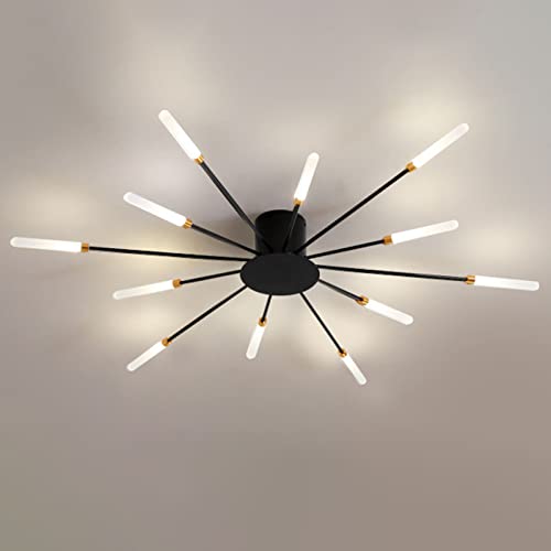 LITFAD Modern Acrylic LED Flush Mount Ceiling Light - 12 Lights Linear Chandelier for Living Room & Dining Room - 110V-120V Natural White Light - Black Finish (Perfect for Contemporary Home Lighting & Office Spaces)