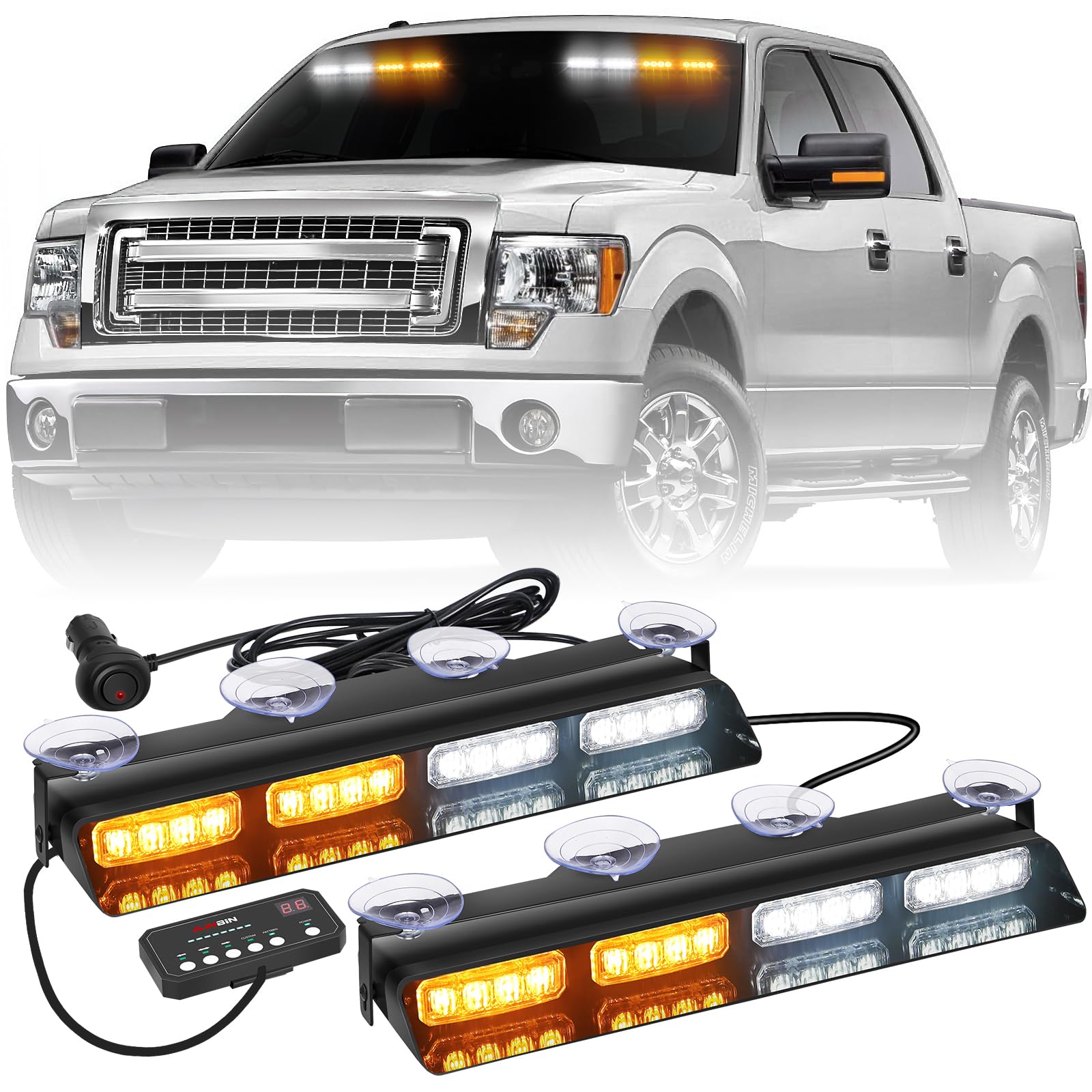 2 in 1 14 Inch LED Dash Strobe Lights - 32 LED Amber & White Emergency Warning Lights for Trucks, Construction Vehicles - Front/Rear Windshield Flashing Hazard Lights with Suction Cups - Ideal for Snow Plows, Emergency Vehicles & Roadside Safety
