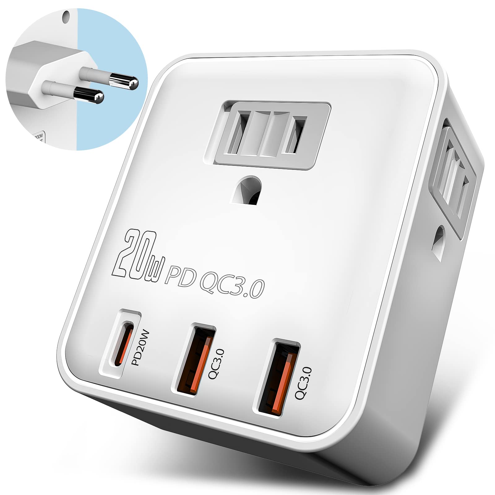 Universal Travel Plug Adapter - US to EU Power Converter with 20W PD USB-C & QC 3.0 Fast Charging (2500W) - 3 AC Outlets for iPhone, iPad, Laptops - Perfect for European Vacations, Business Trips & International Travel Accessories