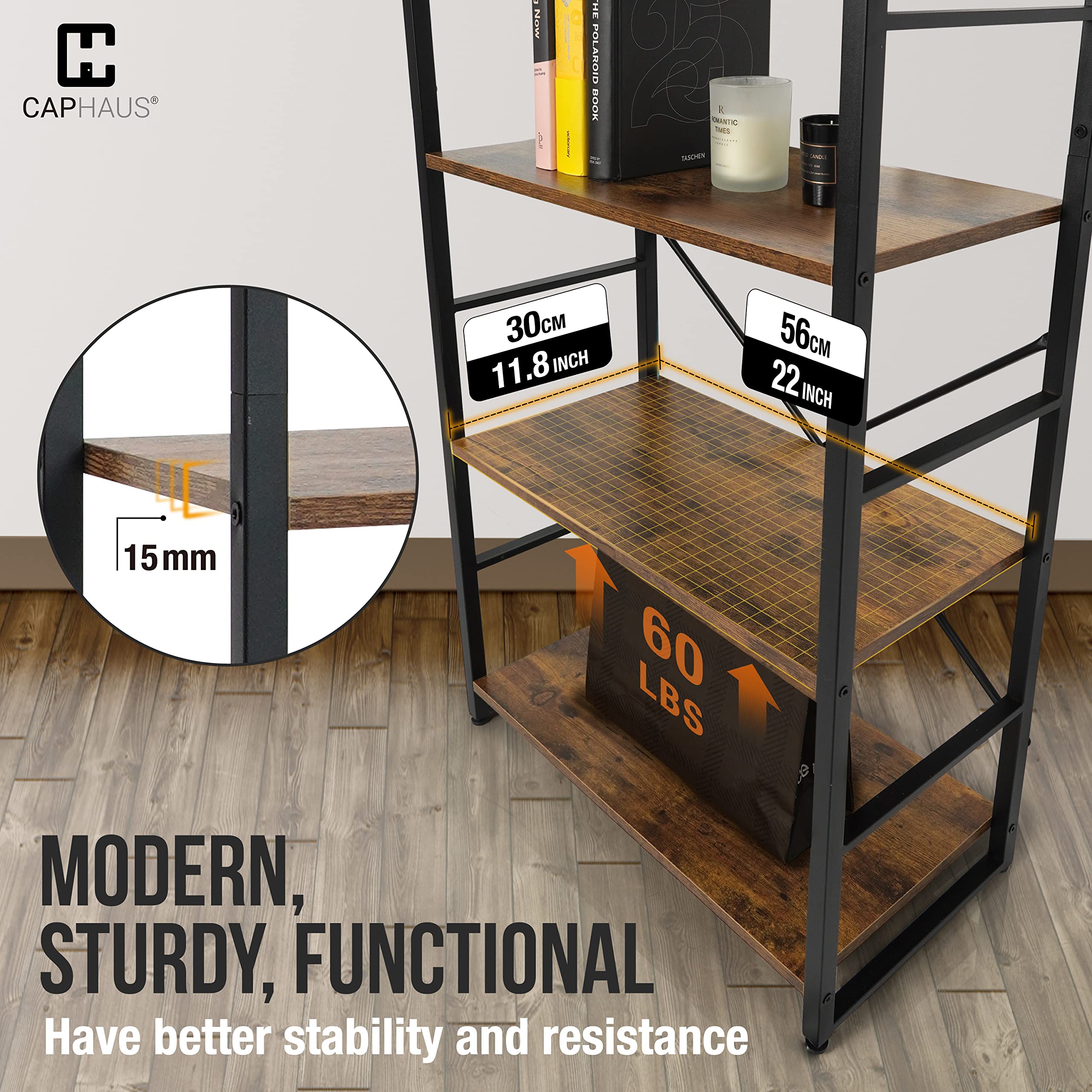 CAPHAUS 4 Tier Bookshelf - 24 Inch Wide Free Standing Bookcase with Metal Frame & Rustic Oak Finish | Home Office, Living Room, Kitchen Storage Organizer | Perfect for Storing Books, Decor & Essentials in Modern Farmhouse Style