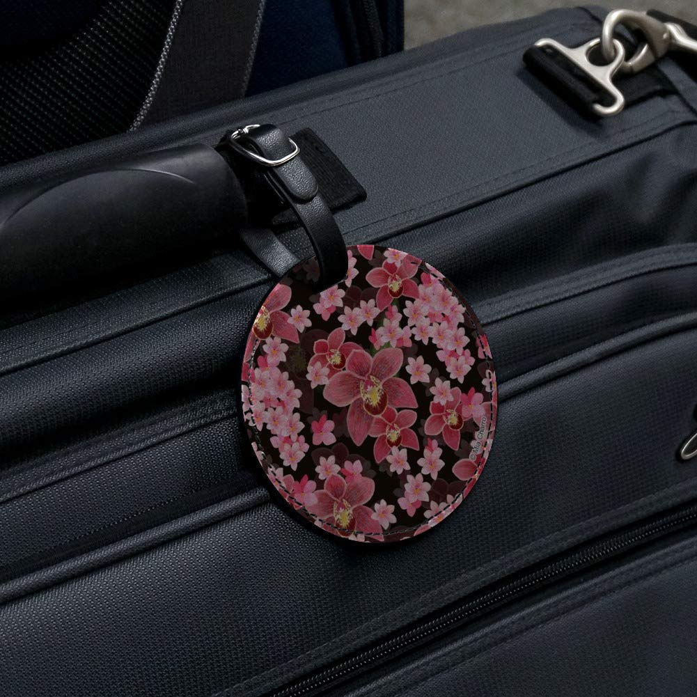 Stylish Round Leather Luggage Tag for Suitcases & Carry-Ons - Personalized ID Tag with Beautiful Orchid Design | Perfect for Travel, Business Trips & Gift Giving