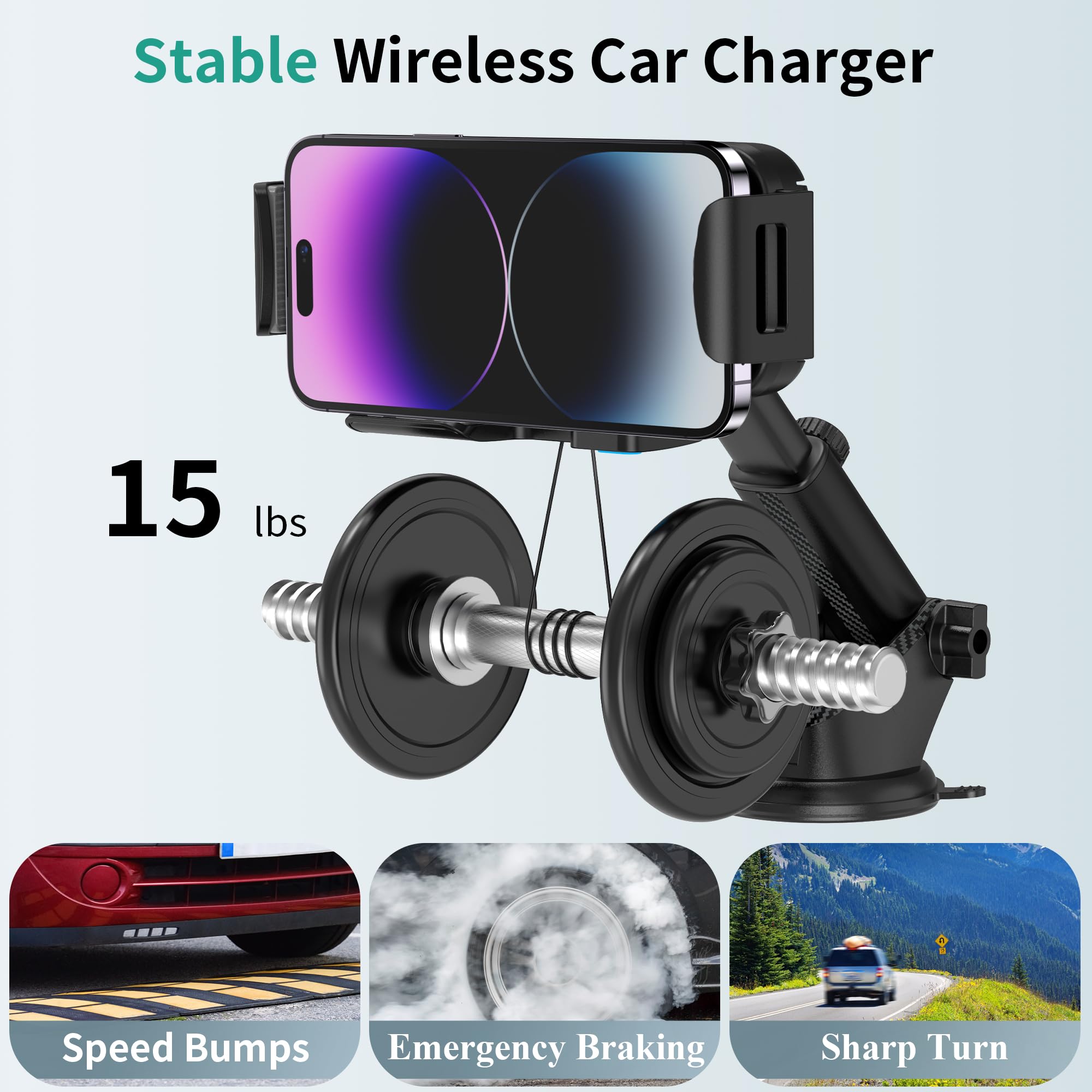 15W Dual Coil Wireless Car Charger Mount - Rotatable Phone Holder for Samsung Galaxy Z Fold 6/5/4/3/2, Z Flip, S25/S24/S23/S22 & iPhone - Fast Charging Car Accessory with Included Charger - Perfect for Commuting, Road Trips and Hands-Free Driving