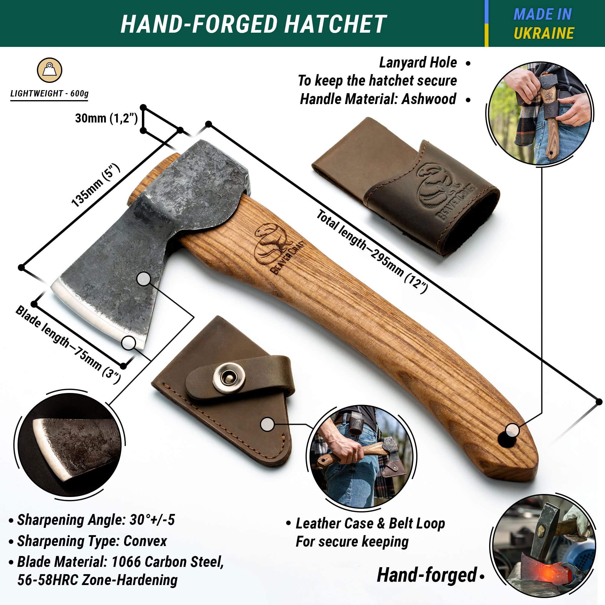 BeaverCraft Hand Forged Hatchet Axe with Sheath AX1 - Bushcraft, Camping & Survival Axe for Wood Chopping, Splitting & Carving | Perfect for Outdoor Adventures, Gardening & Forest Work