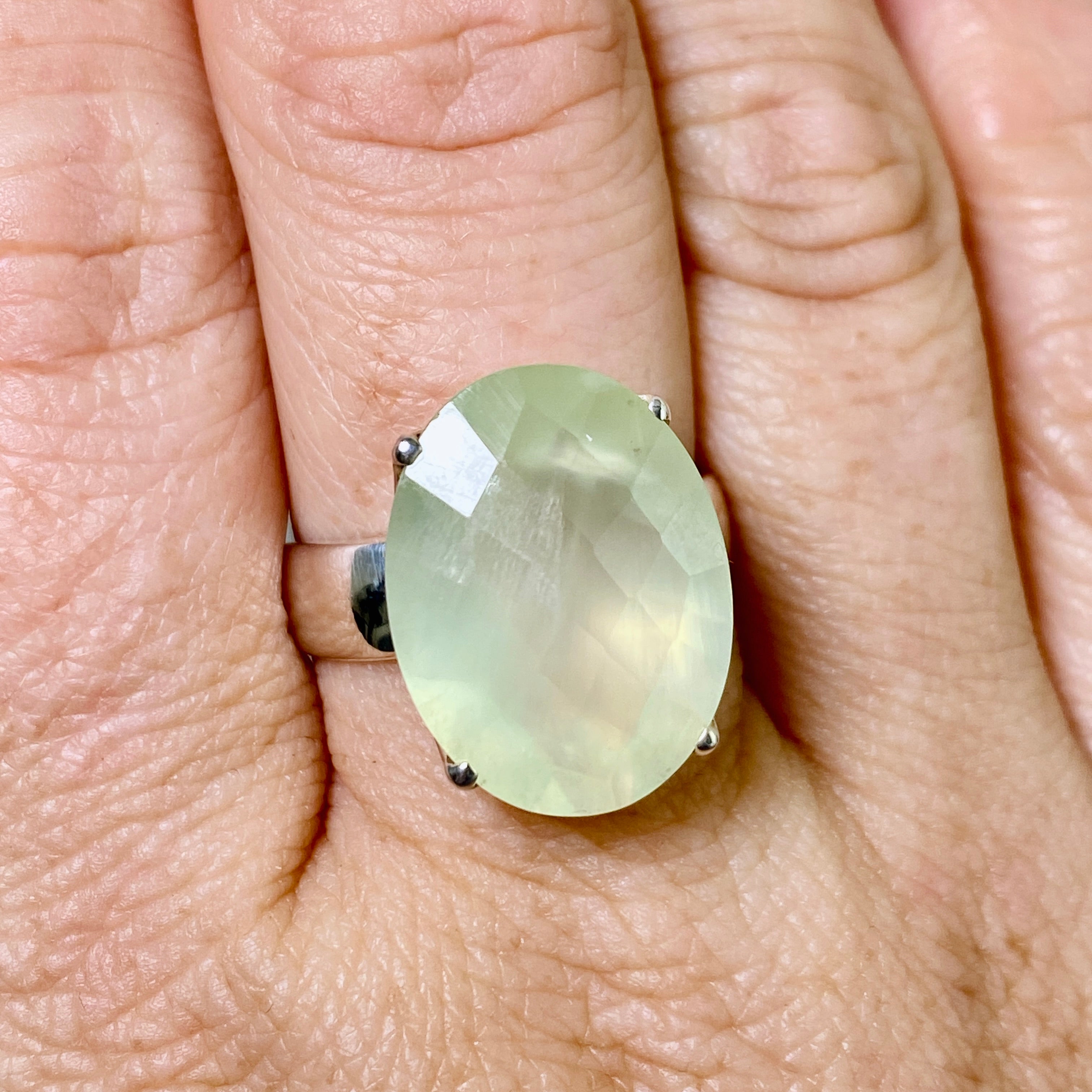 Prehnite Oval Checkerboard Faceted Ring Size 9 - Dainty Gemstone Jewelry for Women - Perfect for Engagement, Wedding & Everyday Wear