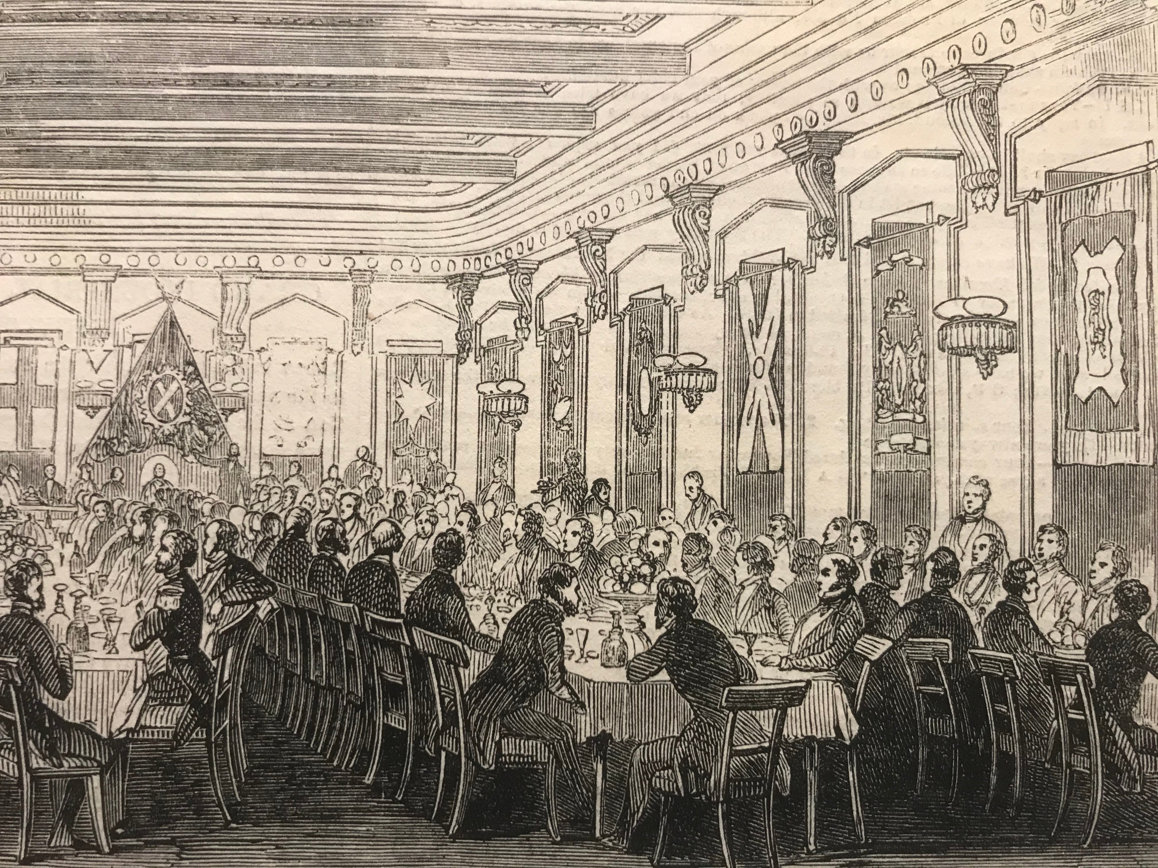 1860s Antique Engraving Print - London Illustrated News Historical Artwork - Masonic Temple Dinner Scene in Montreal - Perfect for Victorian Era Collectors & Home Decor