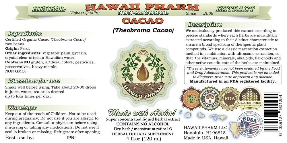 Organic Cacao (Theobroma Cacao) Alcohol-Free Liquid Extract - Raw Bean Glycerite Herbal Supplement by Hawaii Pharm - 4 oz (Pack of 4) | Natural Energy Boost, Mood Support & Stress Relief for Daily Wellness