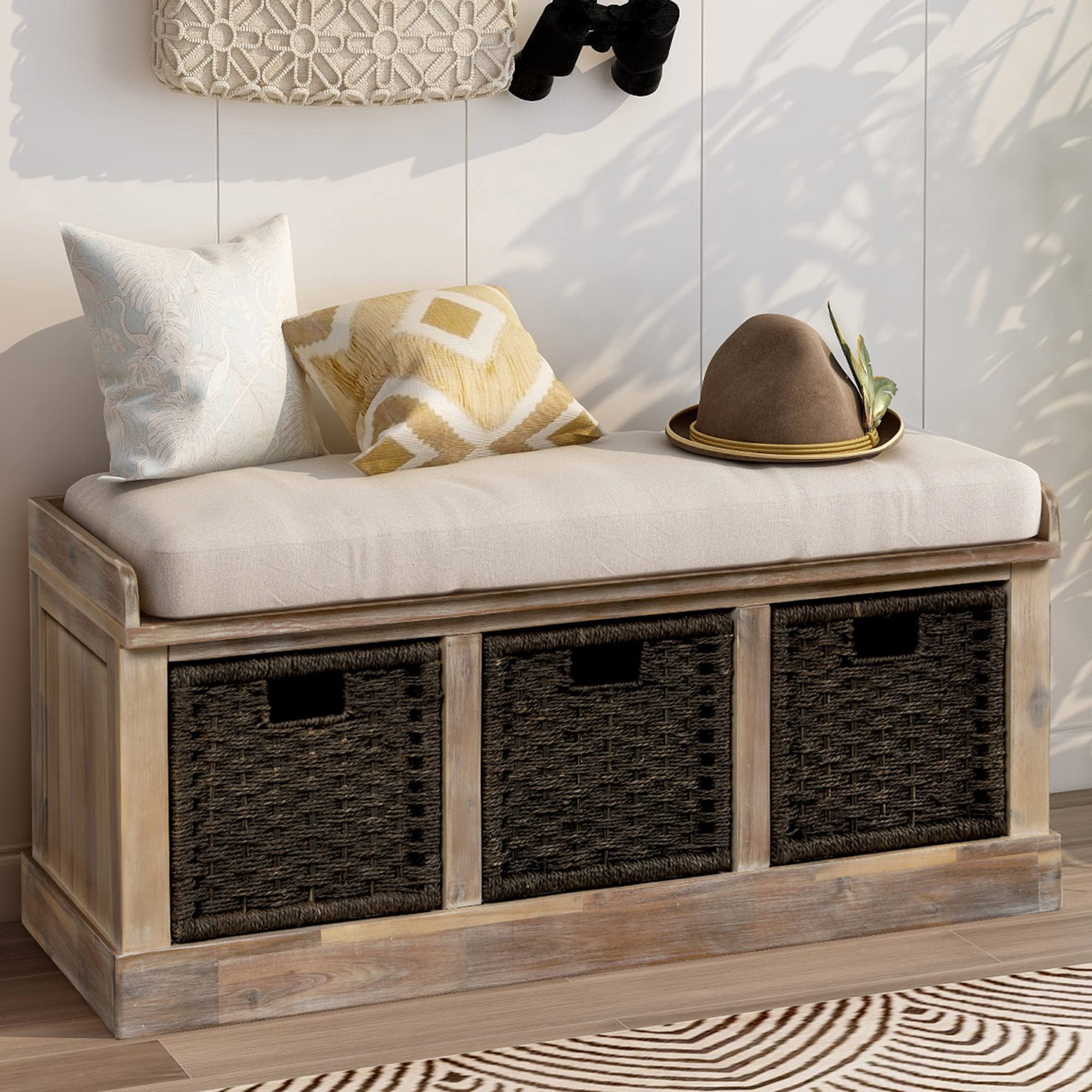 Rustic White Washed Entryway Storage Bench with Removable Cushion & 3 Rattan Baskets - Wooden Hallway Bench for Bedroom, Living Room, Foyer - Perfect for Organizing Shoes, Coats & Home Decor