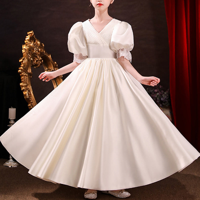 Princess Floor Length Flower Girl Dress with V Neck & Puff Sleeves - Perfect for Weddings, Baptisms & Special Occasions