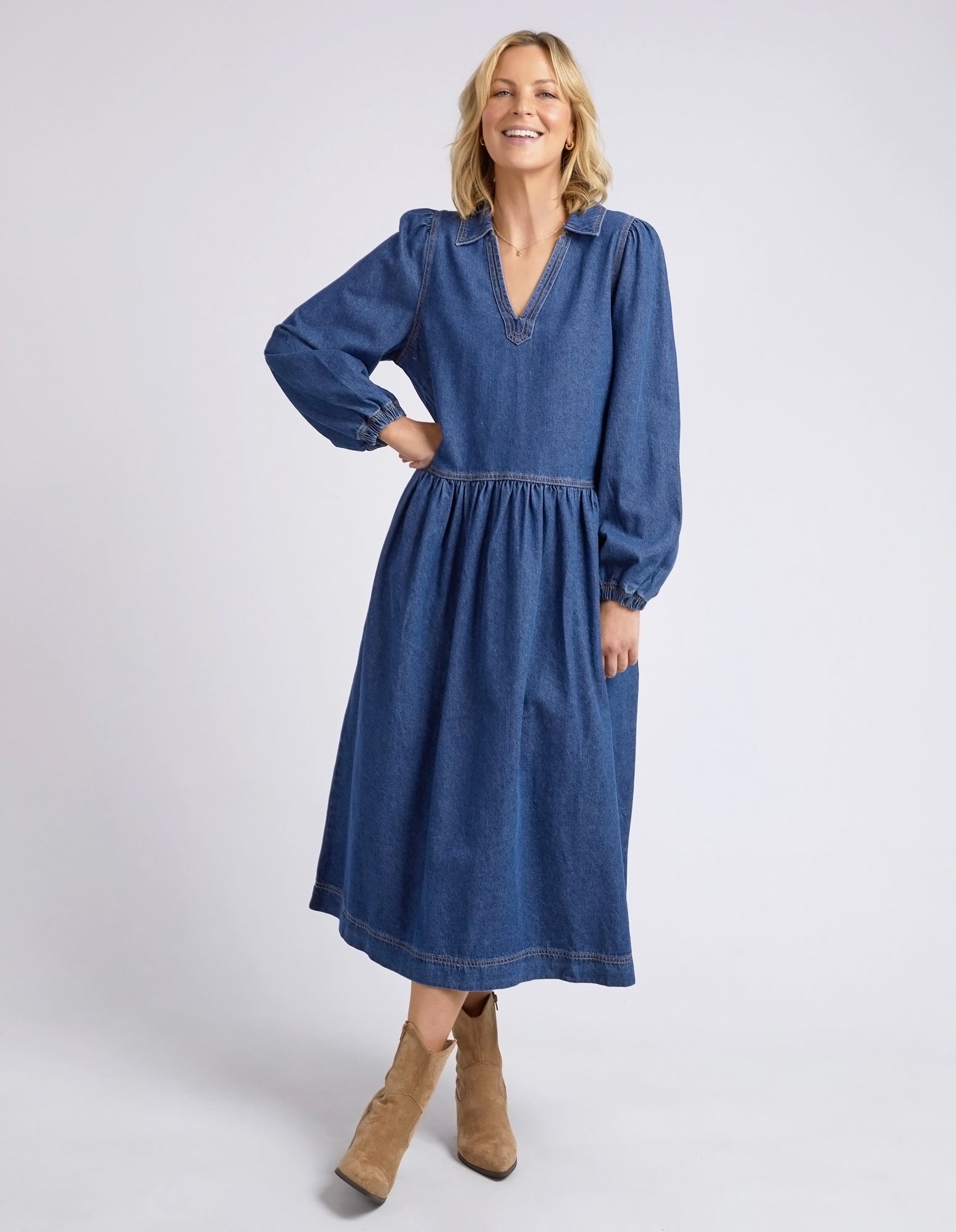 Elm Josephine Denim Dress for Women - Dark Blue Washed Vintage Style | Casual Summer Outfit, Date Night, Office Wear