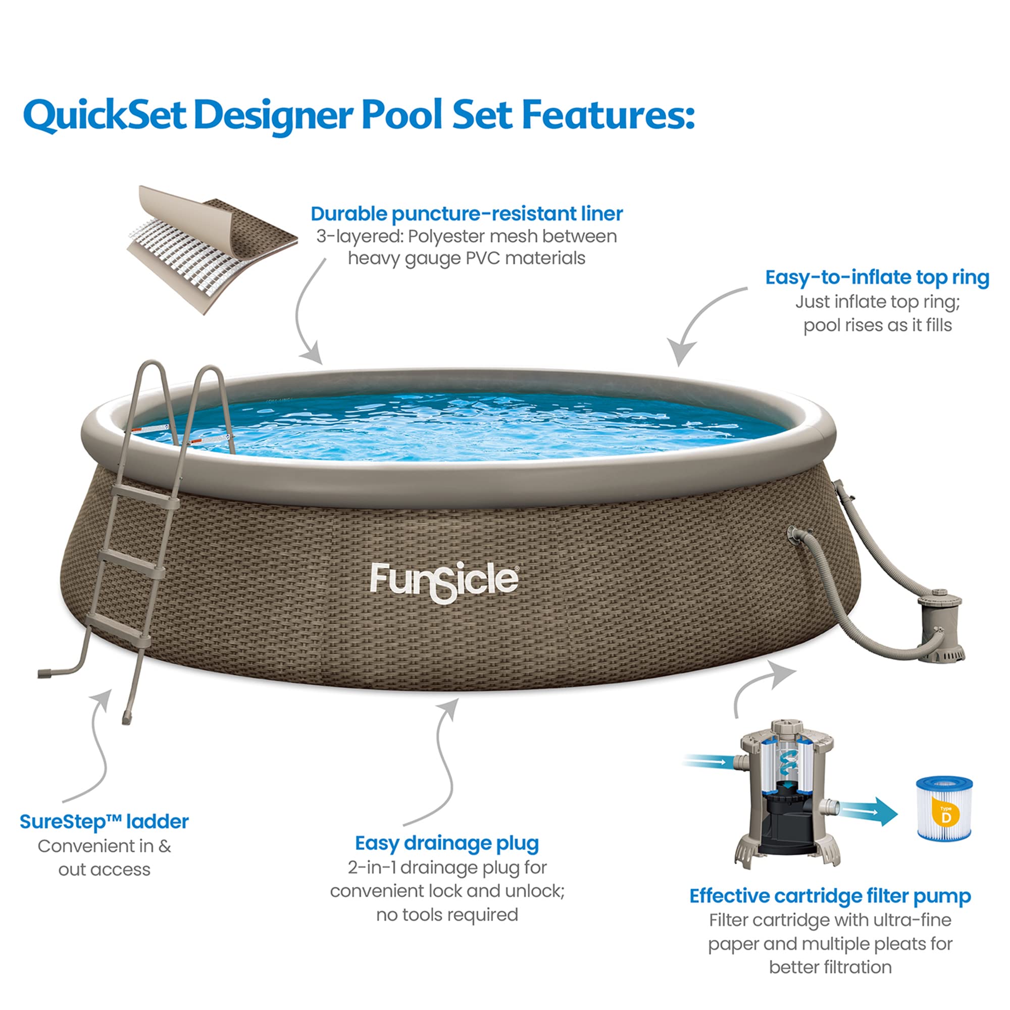 Funsicle 14ft x 36in Quick-Set Round Inflatable Above Ground Swimming Pool Set with Pump & Cartridge Filter - Brown Triple Basketweave Design for Backyard, Family Fun & Summer Relaxation
