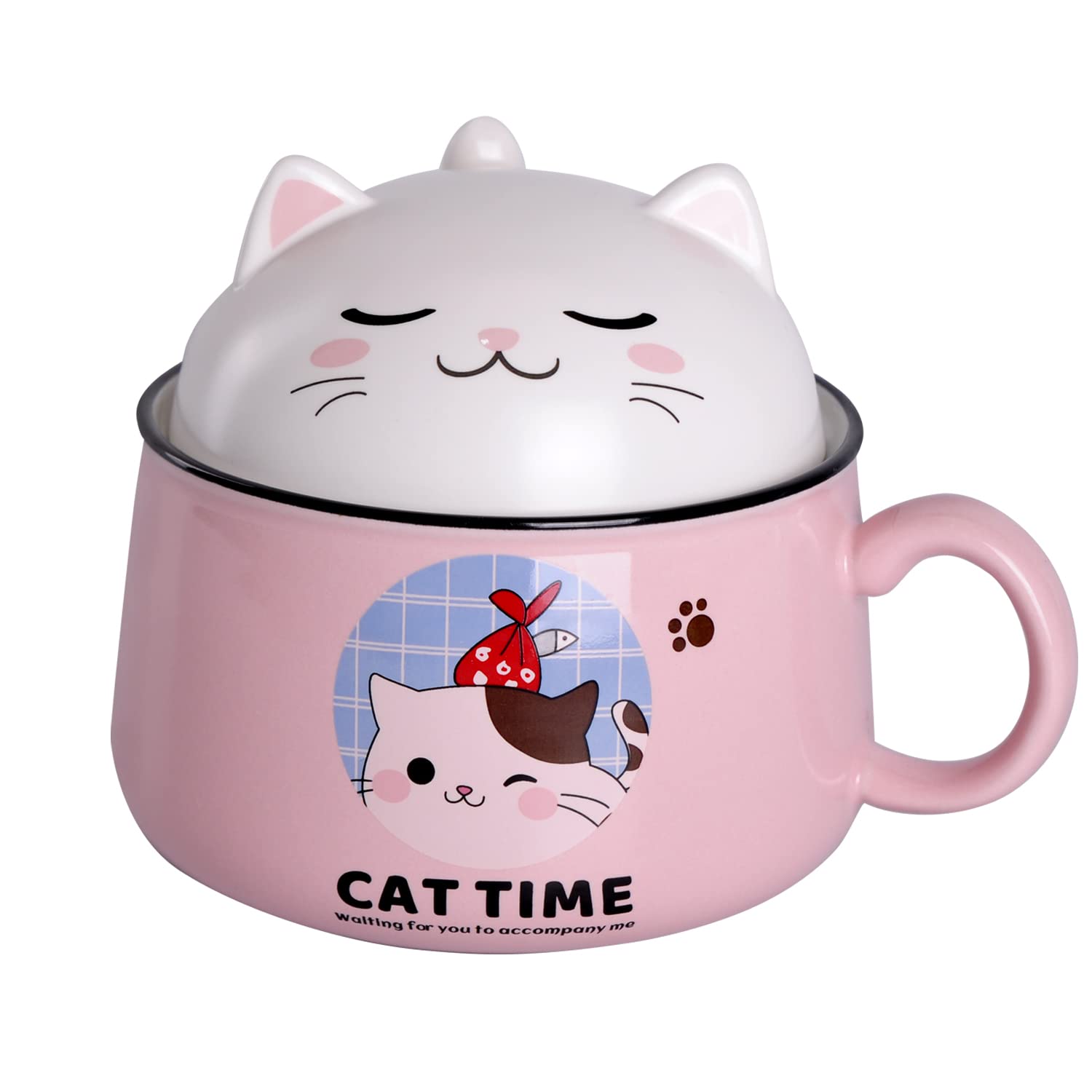 WHJY Cute Kitty Ramen Bowl Set with Lid - 35oz Microwave Safe Noodle Soup Bowl for Instant Ramen, Perfect for Home, Office & Dorm Use - Pink