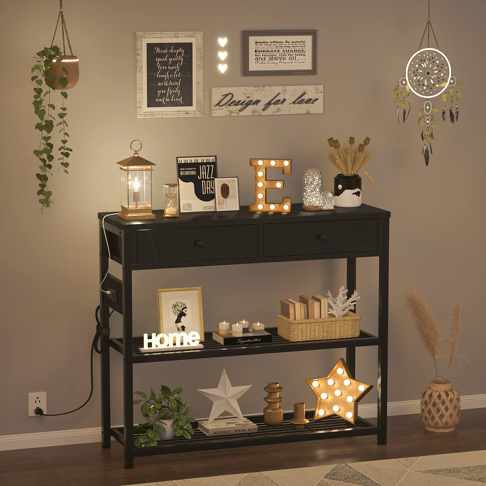 Ecoprsio 32'' Entryway Table with Outlets & USB Ports - Modern Console Table with 2 Drawers & Storage Shelves - Small Sofa Table for Living Room, Hallway, Foyer - Perfect for Charging Devices & Organizing Keys, Mail in Entryways (Black)