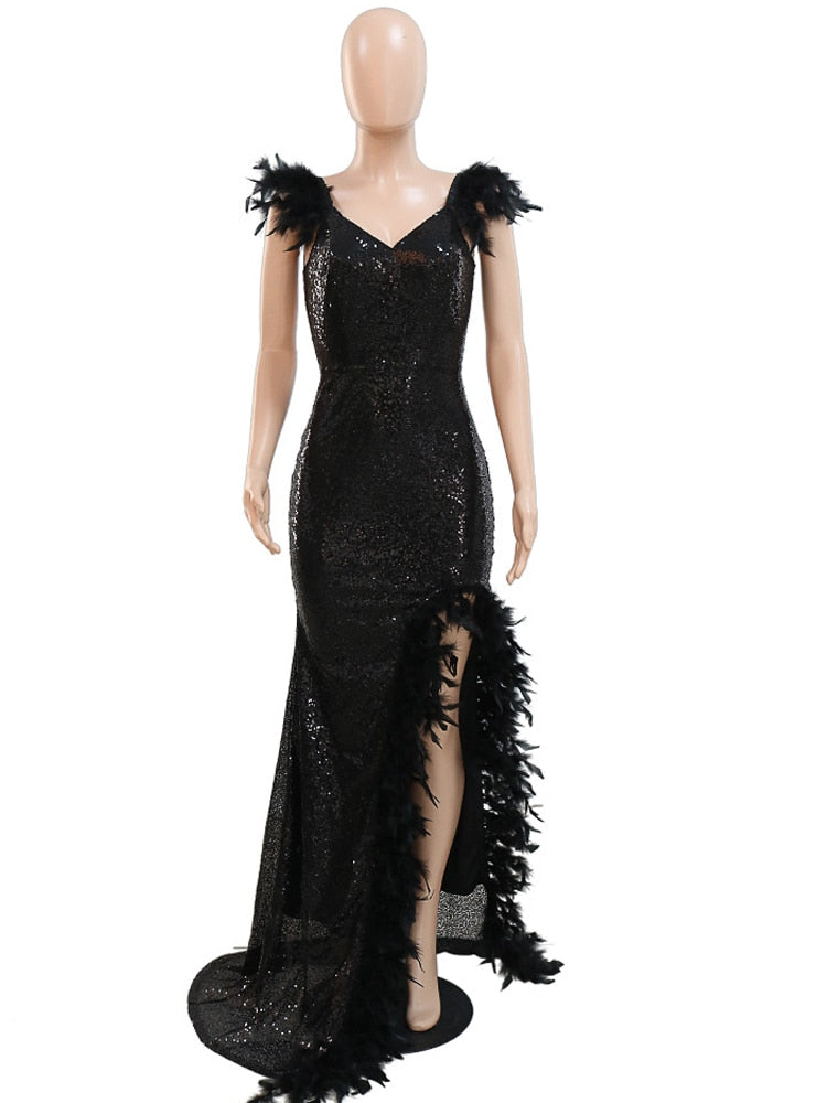 Elegant Women's Feather Trim High Slit Maxi Dress for Evening Parties & Special Occasions