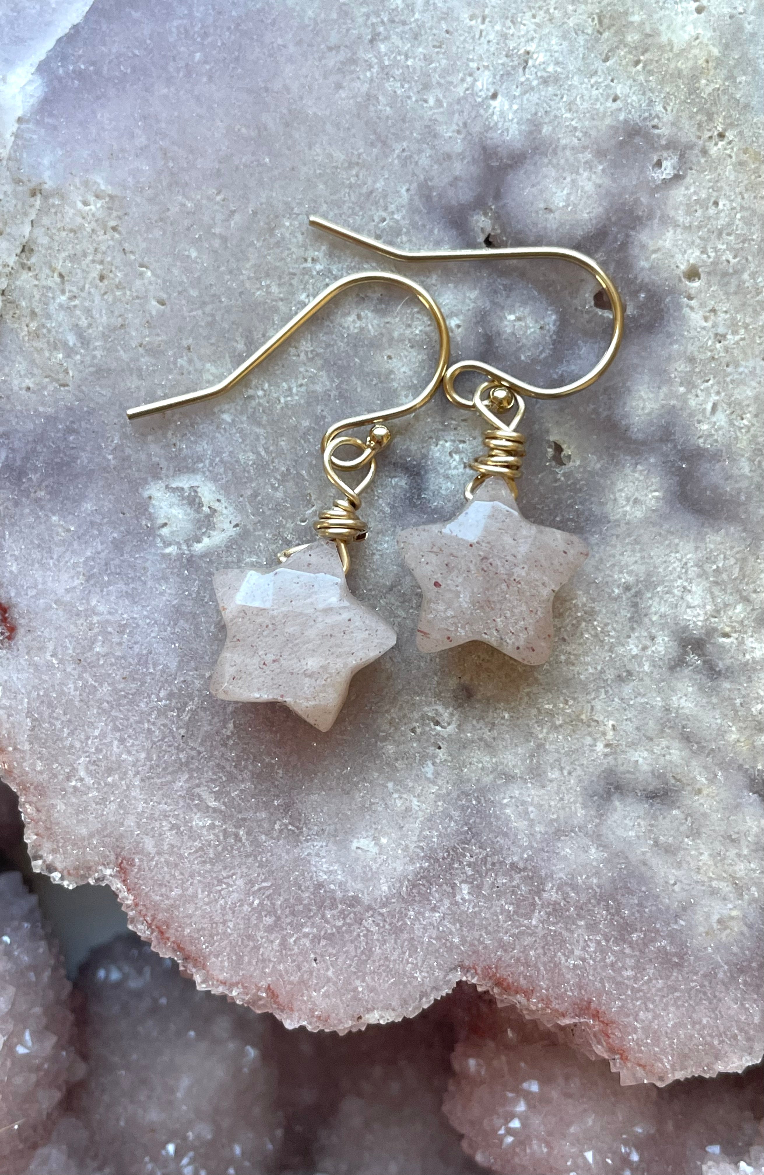 Peach Moonstone Star Earrings - Dainty Dangle Drop Earrings for Women | Perfect for Everyday Wear, Date Nights & Boho Jewelry Collection